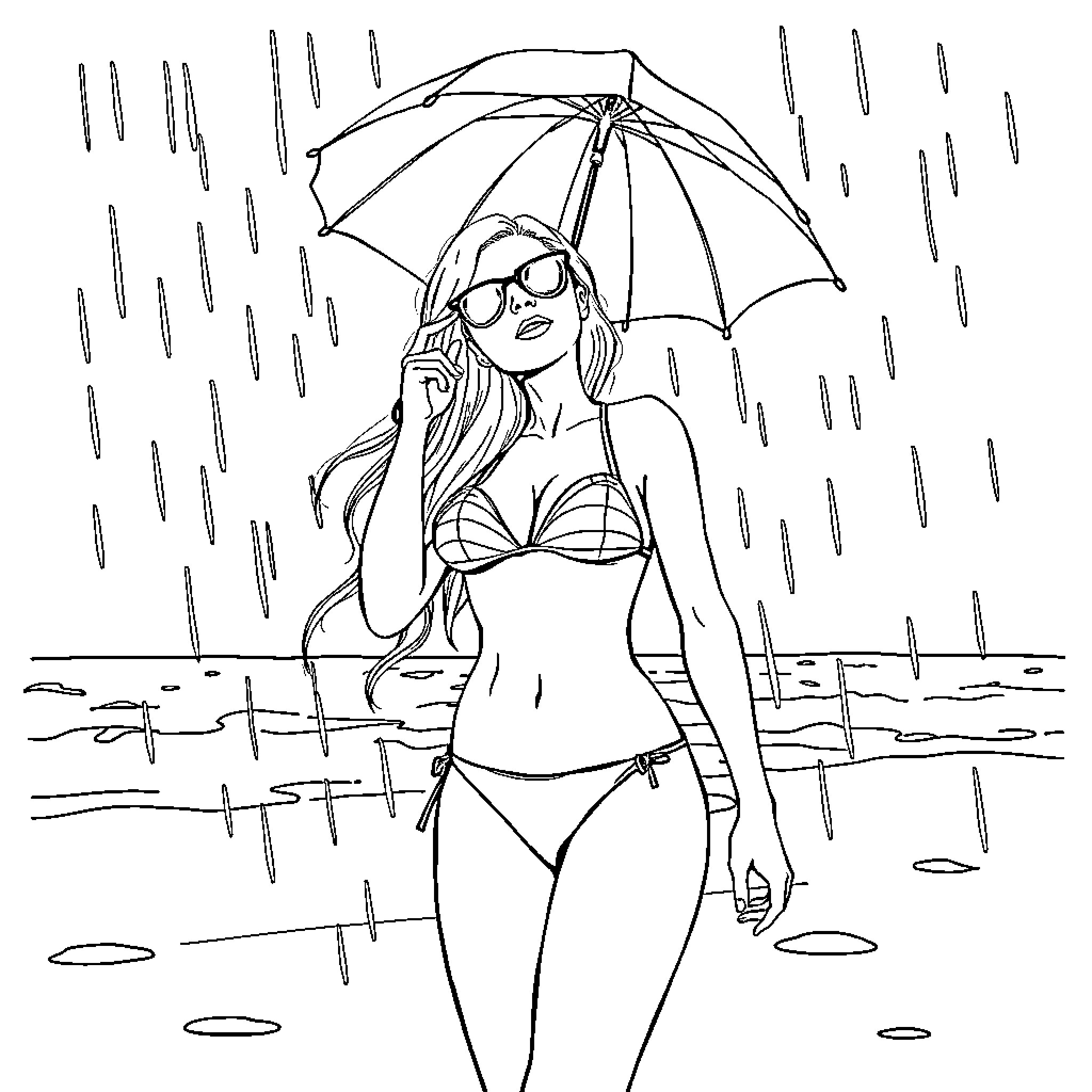Sophie enjoying a rainy day at the beach Coloring Page (free black-and-white line drawing printable PDF for all, from beginners to advanced learners, including children, teens, adults, and seniors)
