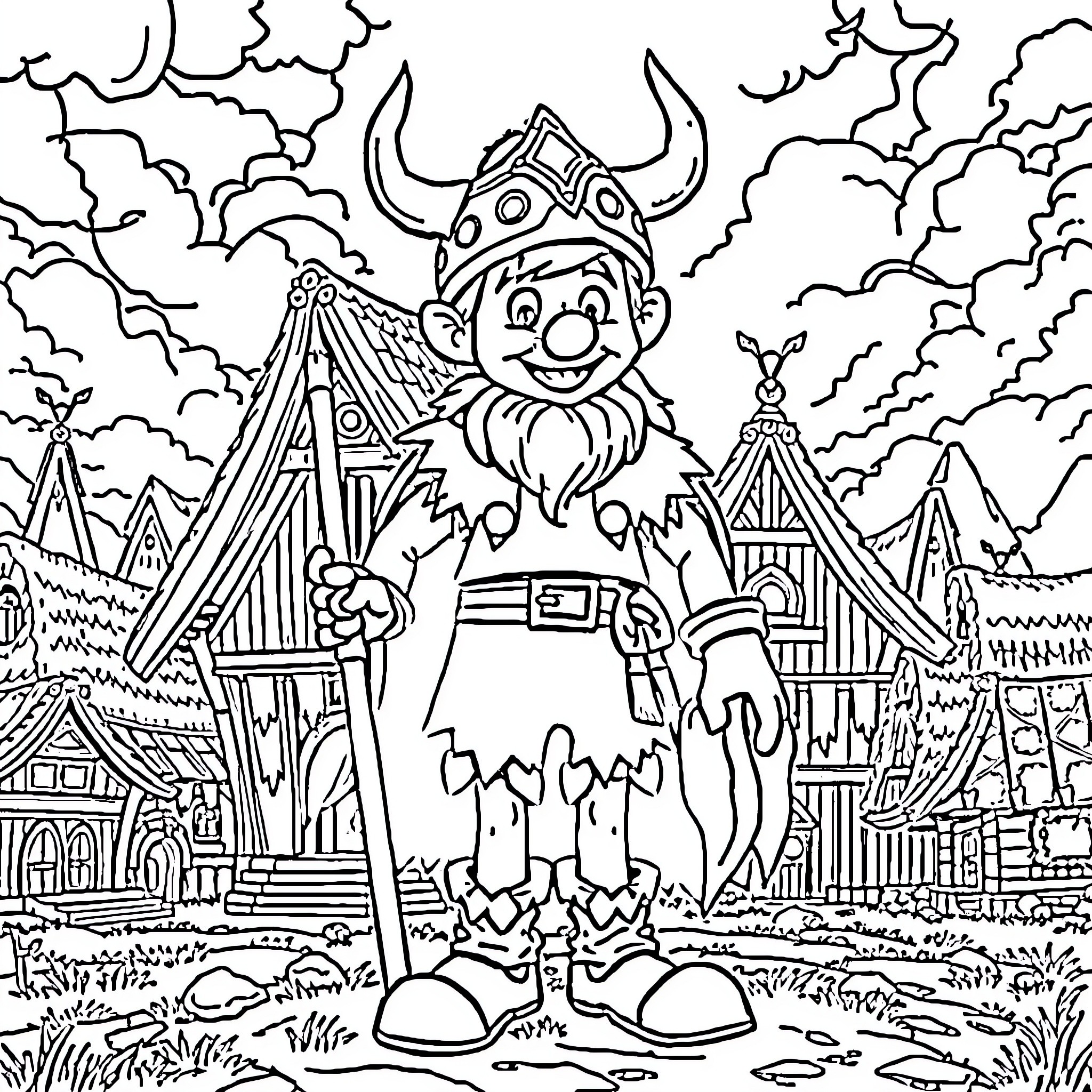 Pinocchio's Whimsical Escapade in a Fantastical Realm Coloring Page (free black-and-white line drawing printable PDF for all, from beginners to advanced learners, including children, teens, adults, and seniors)