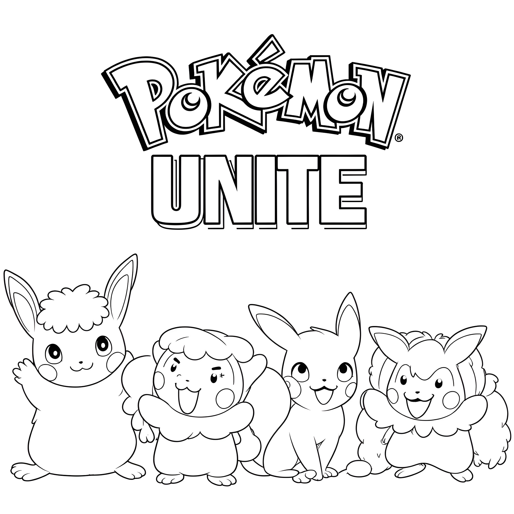 Pokémon Unite Characters Gathered Together Coloring Page (free black-and-white line drawing printable PDF for all, from beginners to advanced learners, including children, teens, adults, and seniors)