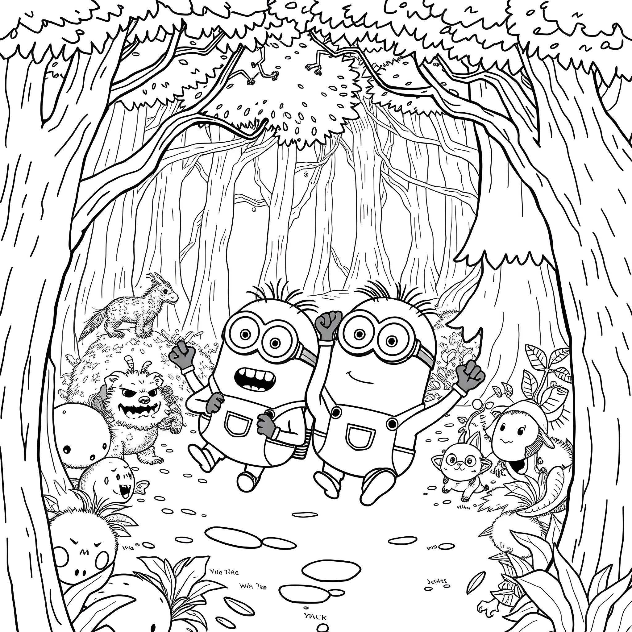 Minions exploring the magical forest Coloring Page (free black-and-white line drawing printable PDF for all, from beginners to advanced learners, including children, teens, adults, and seniors)