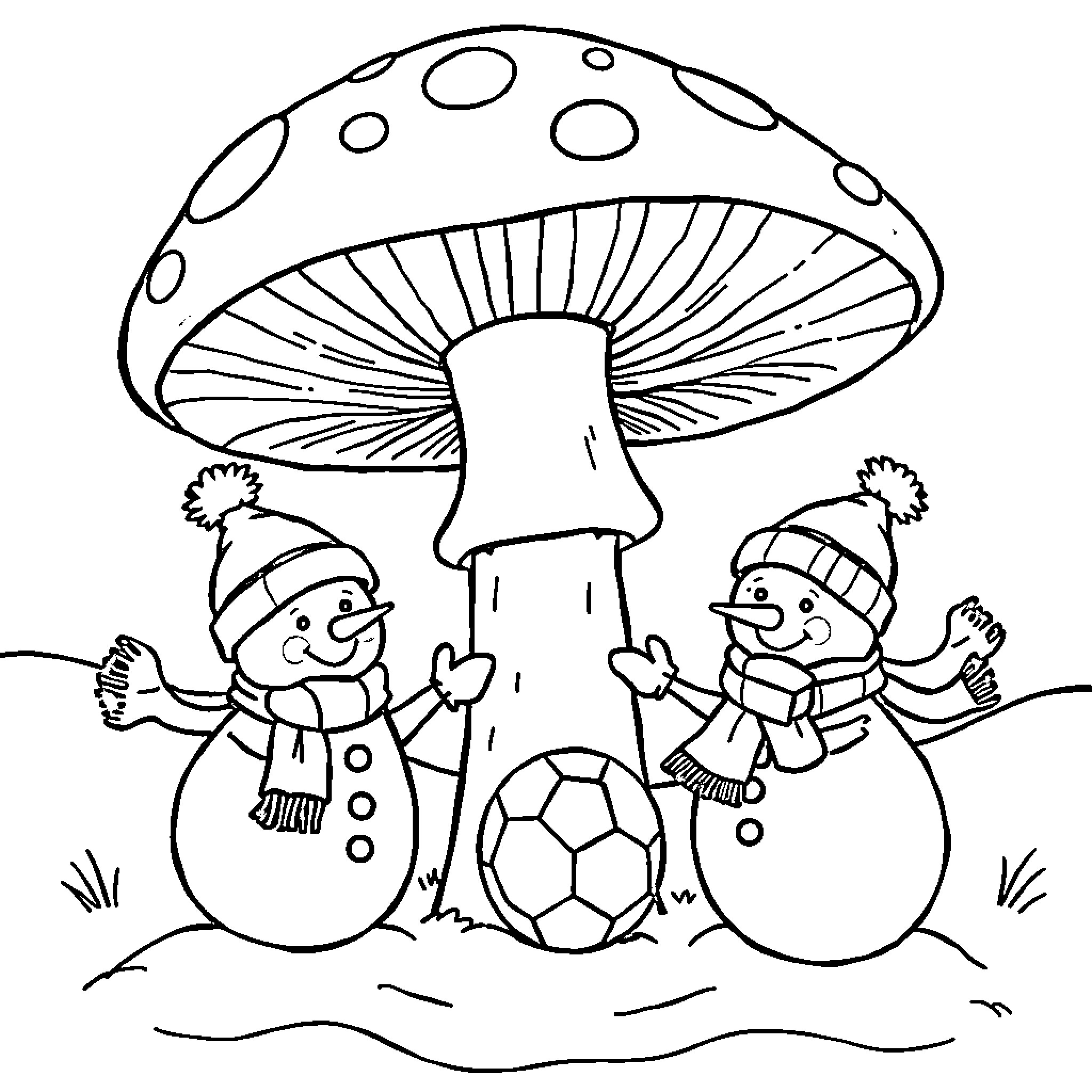 Snowman friends enjoying winter with soccer ball Coloring Page (free black-and-white line drawing printable PDF for all, from beginners to advanced learners, including children, teens, adults, and seniors)
