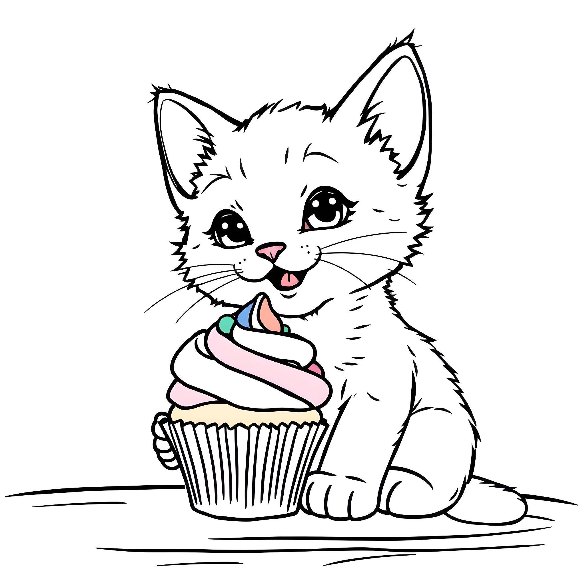 Kitten with a Delicious Cupcake Coloring Page (free black-and-white line drawing printable PDF for all, from beginners to advanced learners, including children, teens, adults, and seniors)