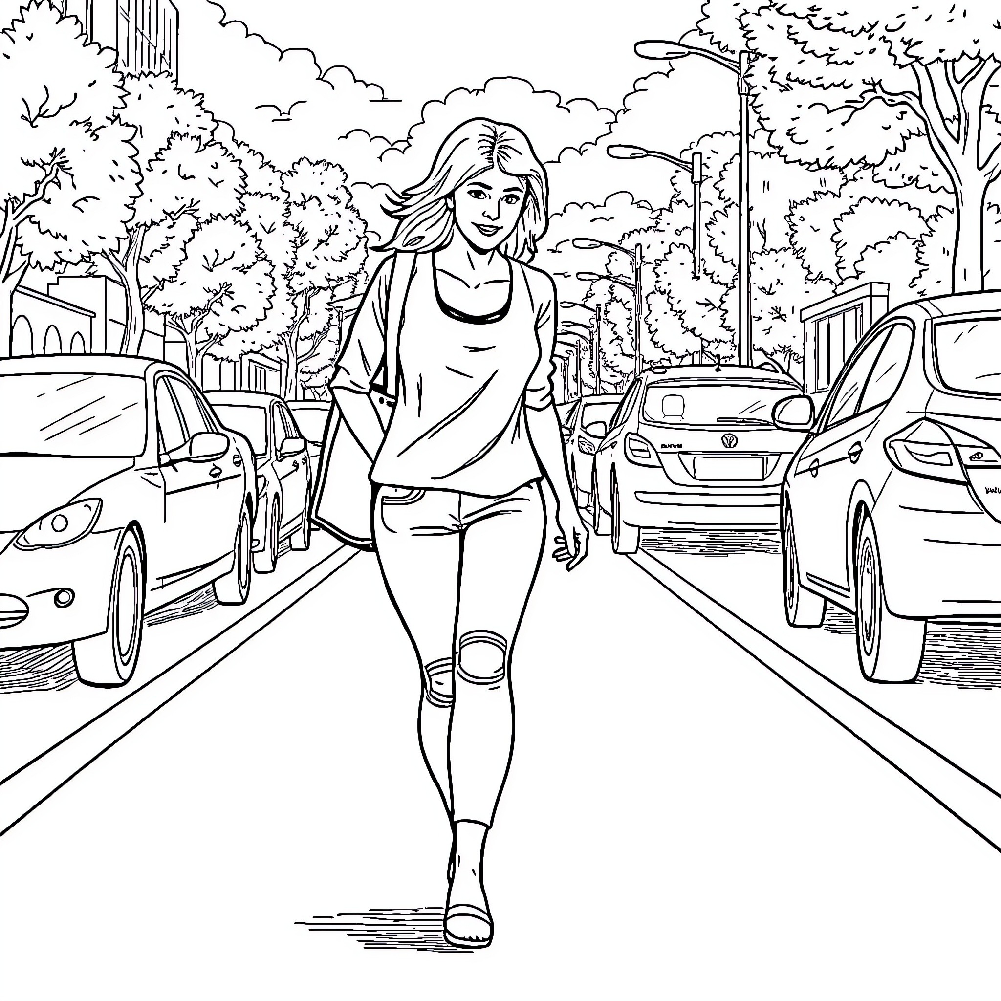 Woman walking down urban street Coloring Page (free black-and-white line drawing printable PDF for all, from beginners to advanced learners, including children, teens, adults, and seniors)