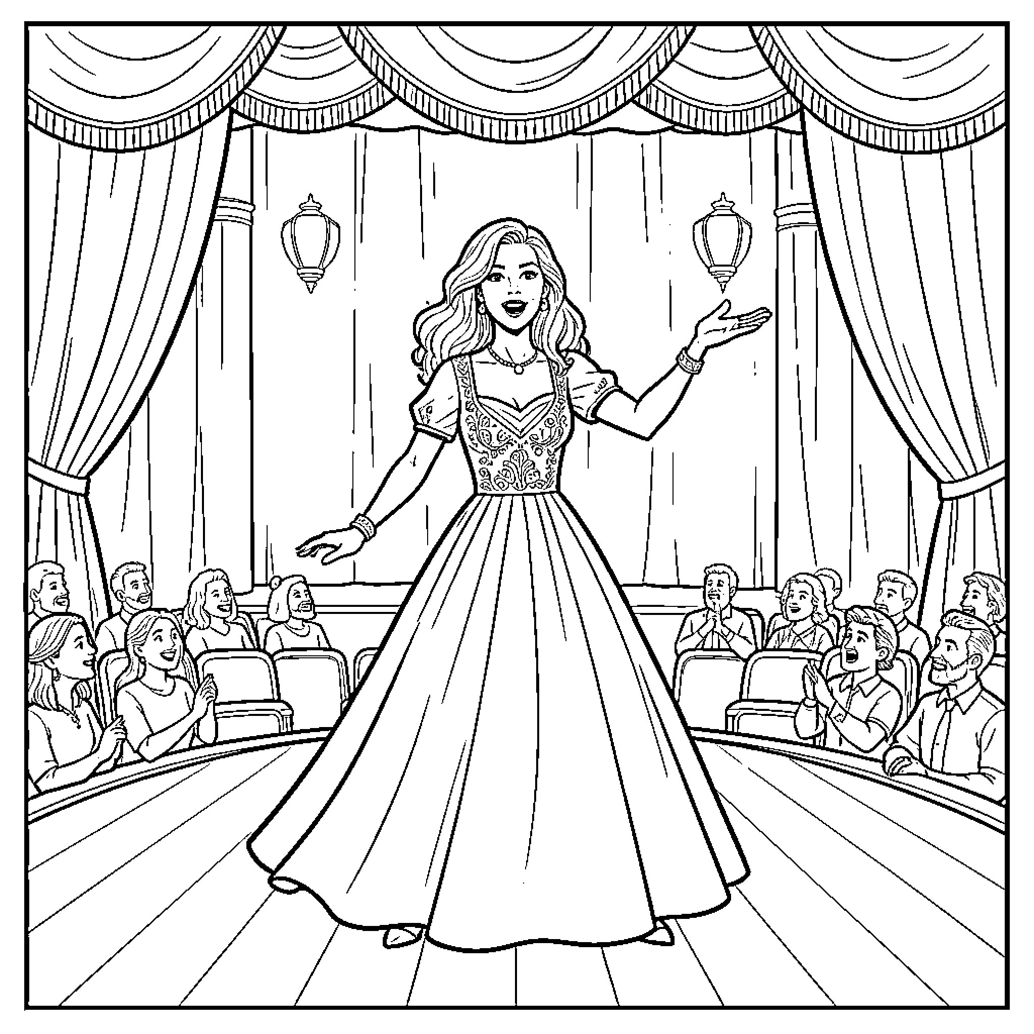 Actress performing on stage in a grand gown Coloring Page (free black-and-white line drawing printable PDF for all, from beginners to advanced learners, including children, teens, adults, and seniors)