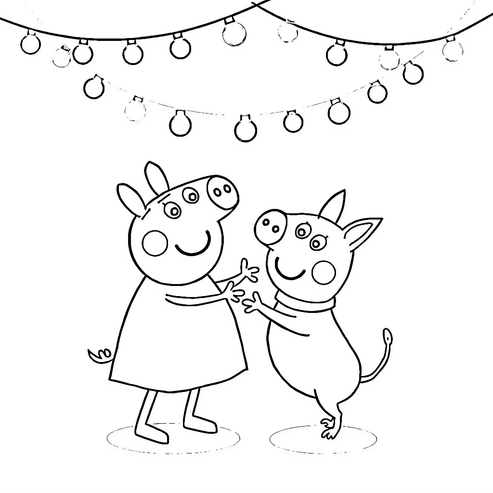 Peppa Pig and Friends Celebrating under Lights Coloring Page (free black-and-white line drawing printable PDF for all, from beginners to advanced learners, including children, teens, adults, and seniors)
