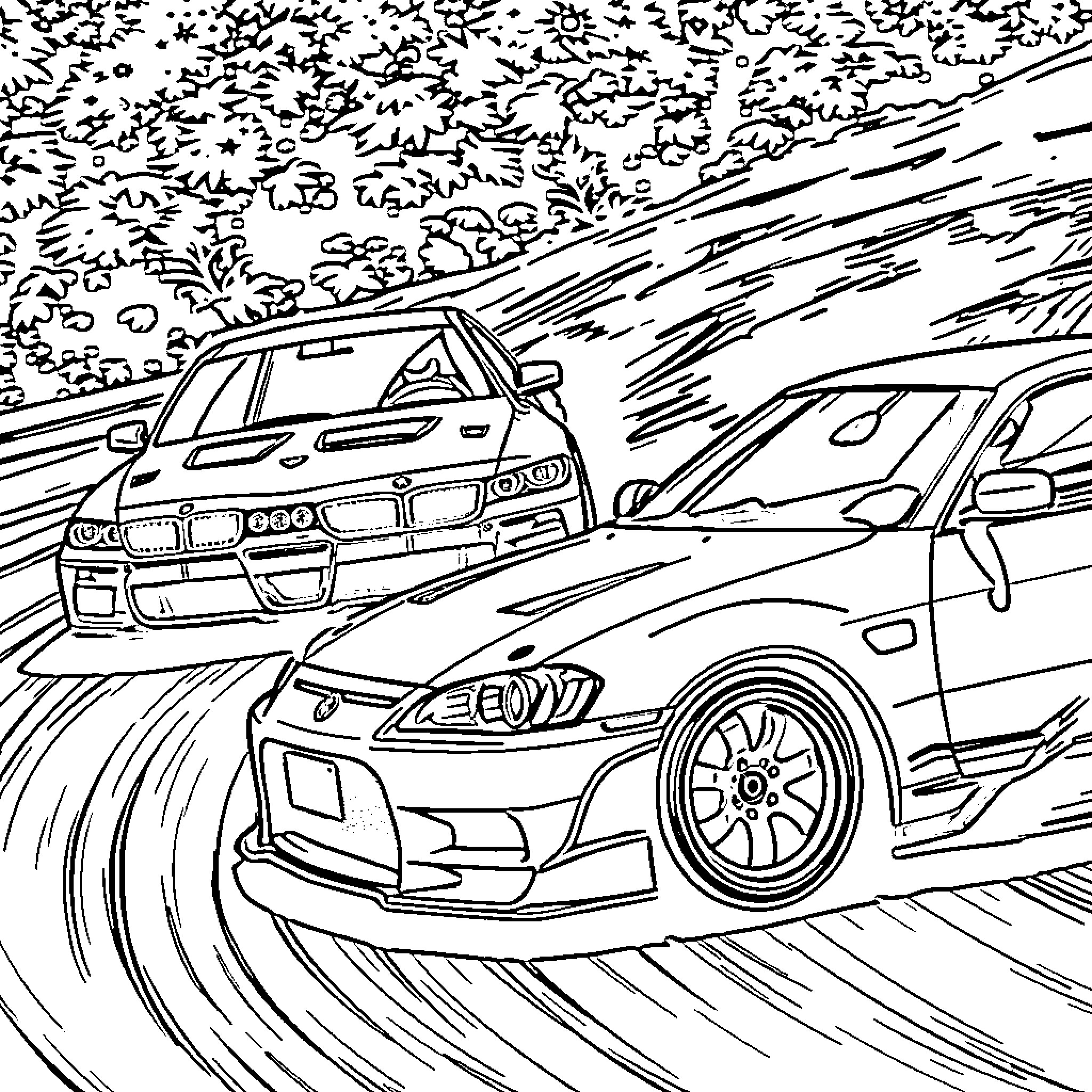 Type-R Racing Cars Speeding on Winding Track Coloring Page (free black-and-white line drawing printable PDF for all, from beginners to advanced learners, including children, teens, adults, and seniors)