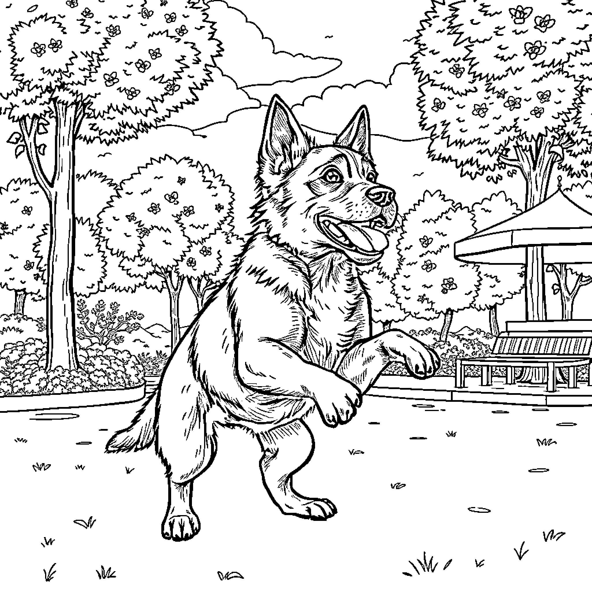 Dog running happily in a natural outdoor scene Coloring Page (free black-and-white line drawing printable PDF for all, from beginners to advanced learners, including children, teens, adults, and seniors)