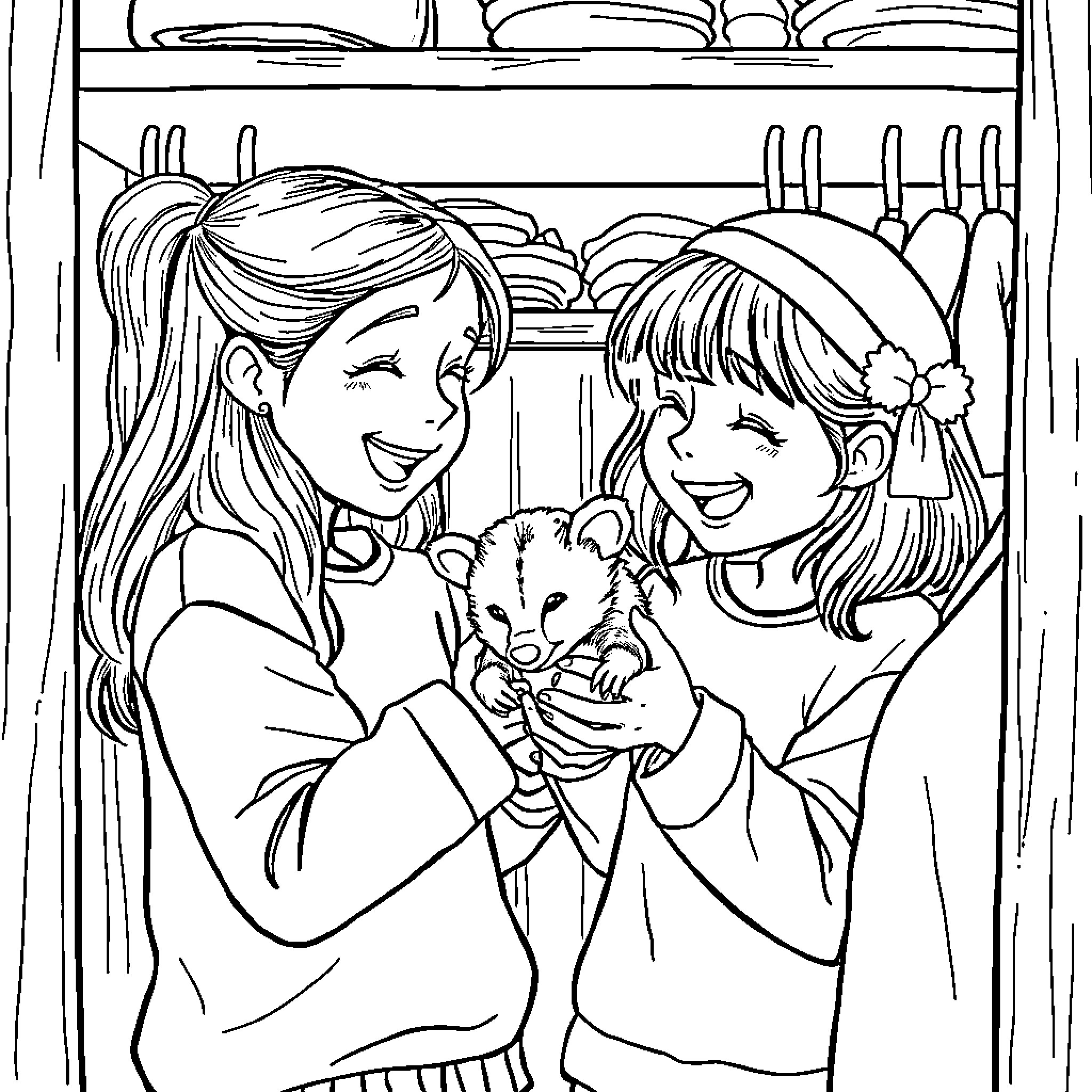 Girls Admiring Cute Hamster at Home Coloring Page (free black-and-white line drawing printable PDF for all, from beginners to advanced learners, including children, teens, adults, and seniors)