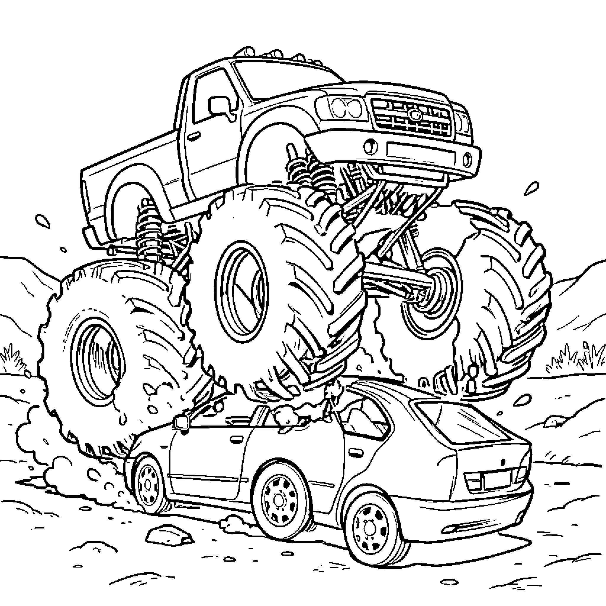 Monster Truck crushing a small car on dirt Coloring Page (free black-and-white line drawing printable PDF for all, from beginners to advanced learners, including children, teens, adults, and seniors)