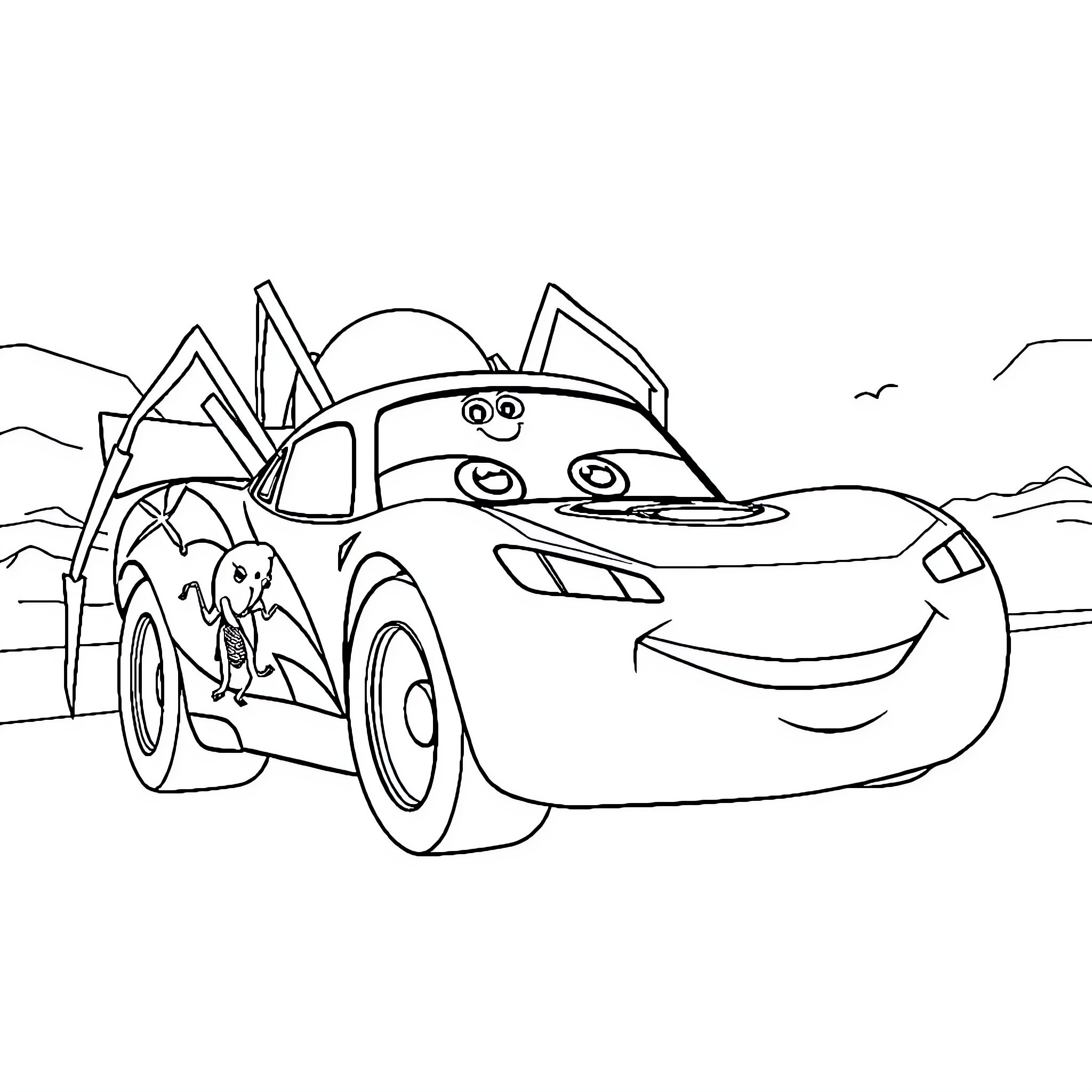 Spider car racing playfully on the road Coloring Page (free black-and-white line drawing printable PDF for all, from beginners to advanced learners, including children, teens, adults, and seniors)