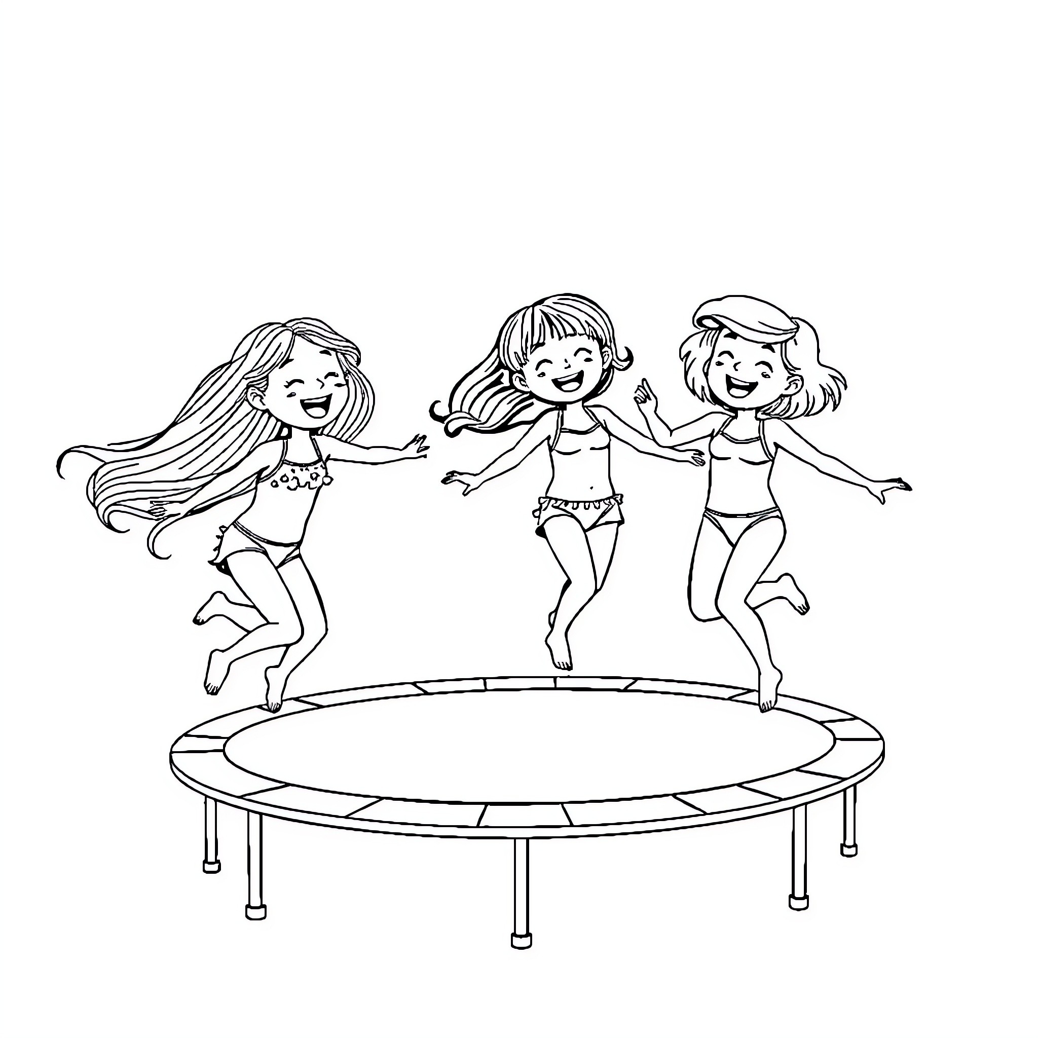 Girls Jumping Happily on Trampoline Coloring Page (free black-and-white line drawing printable PDF for all, from beginners to advanced learners, including children, teens, adults, and seniors)