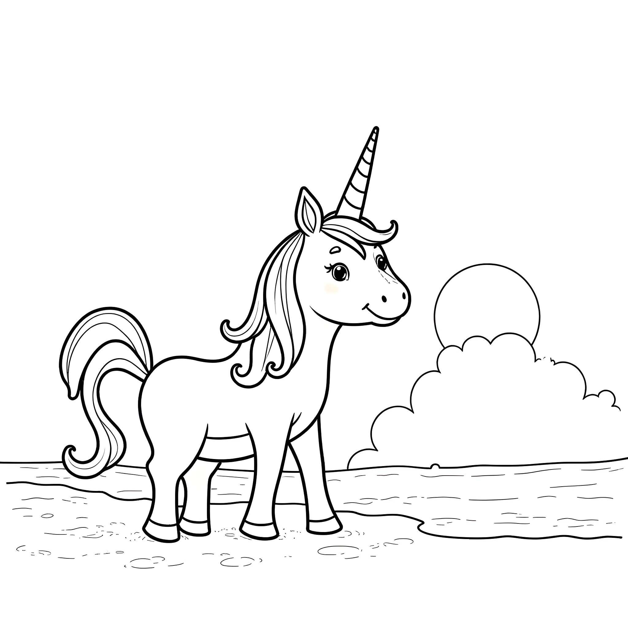 Unicorn standing in a field with clouds Coloring Page (free black-and-white line drawing printable PDF for all, from beginners to advanced learners, including children, teens, adults, and seniors)