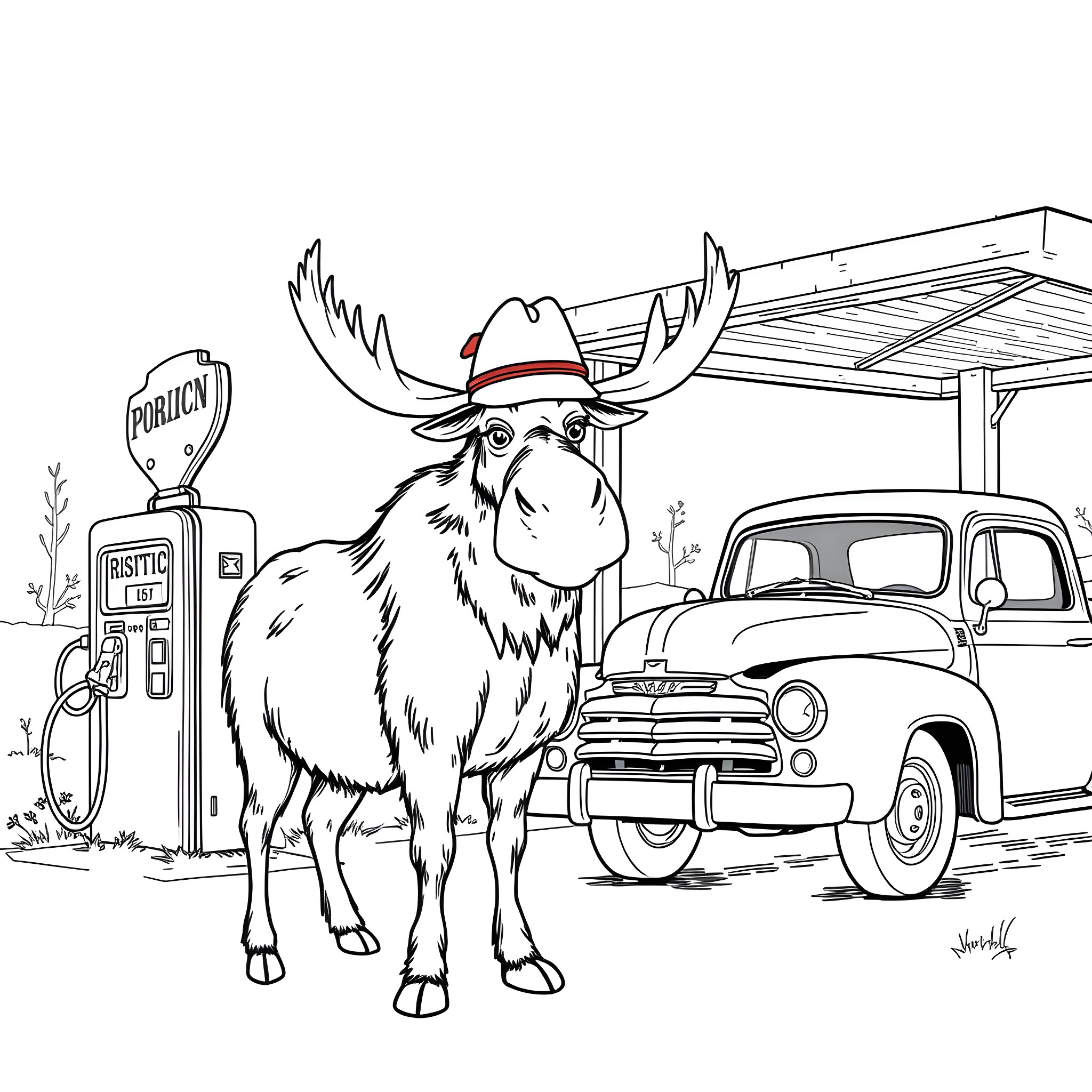 Moose in a quirky roadside scene Coloring Page (free black-and-white line drawing printable PDF for all, from beginners to advanced learners, including children, teens, adults, and seniors)