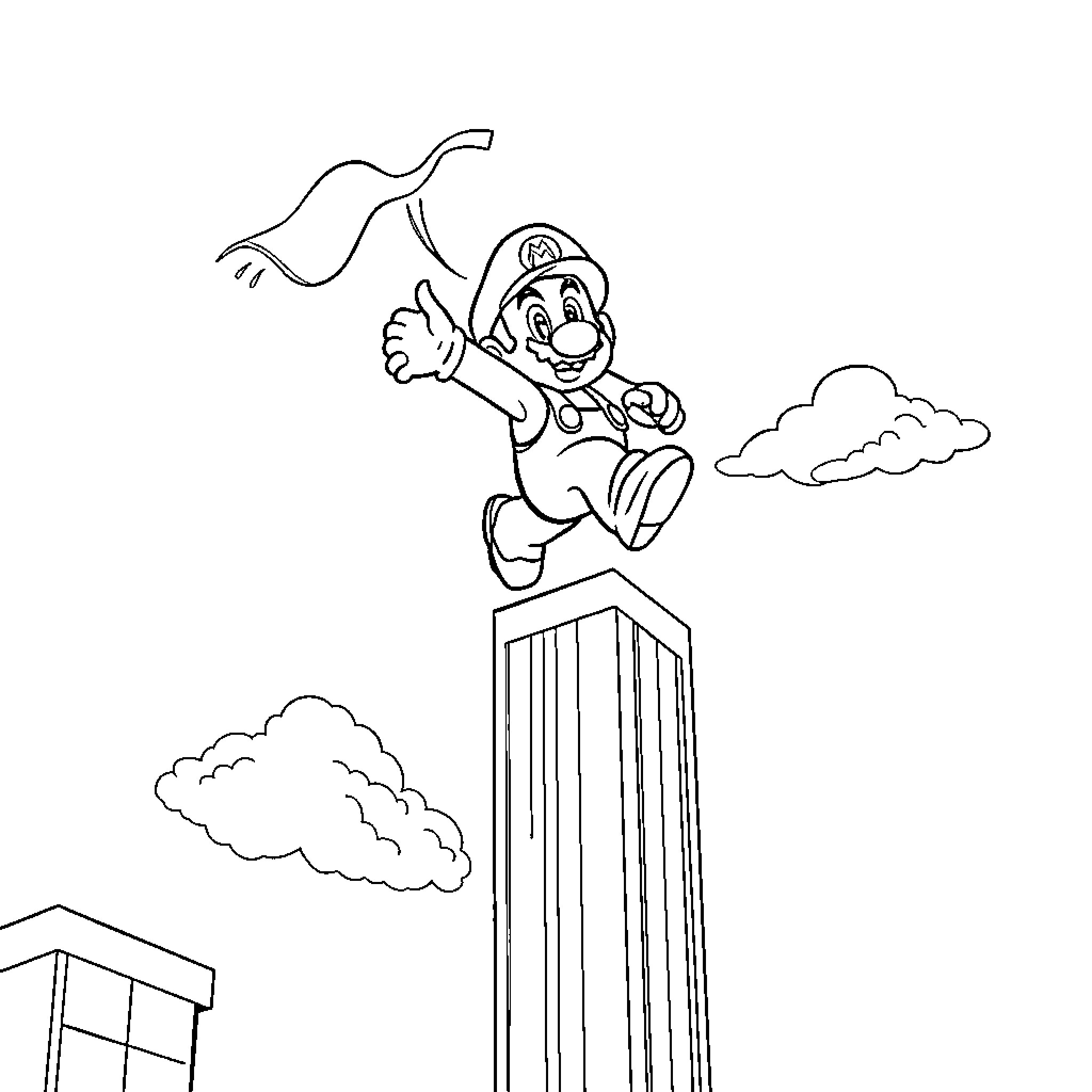 Mario jumping joyfully among the clouds Coloring Page (free black-and-white line drawing printable PDF for all, from beginners to advanced learners, including children, teens, adults, and seniors)