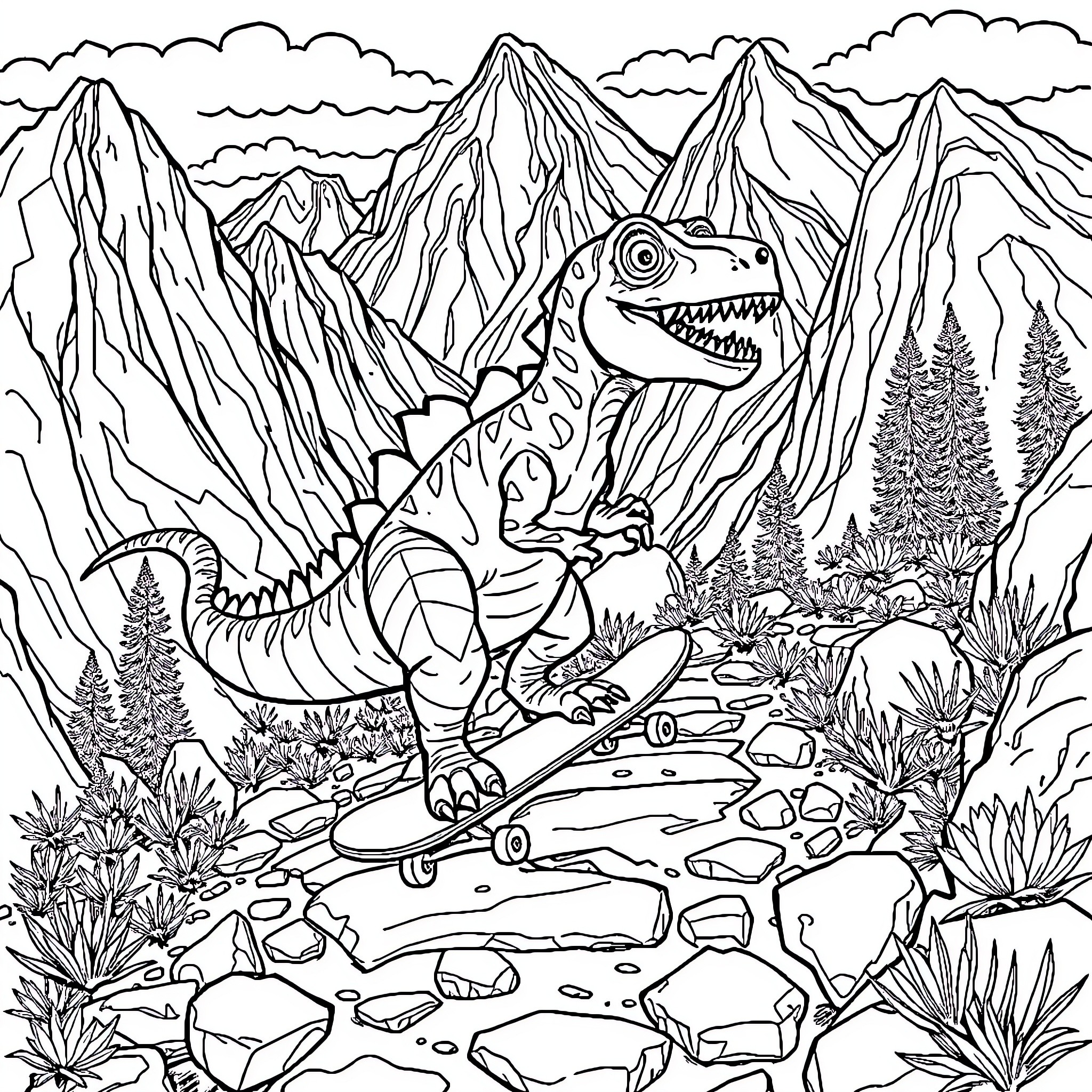 Dinosaur exploring rugged mountain landscape Coloring Page (free black-and-white line drawing printable PDF for all, from beginners to advanced learners, including children, teens, adults, and seniors)