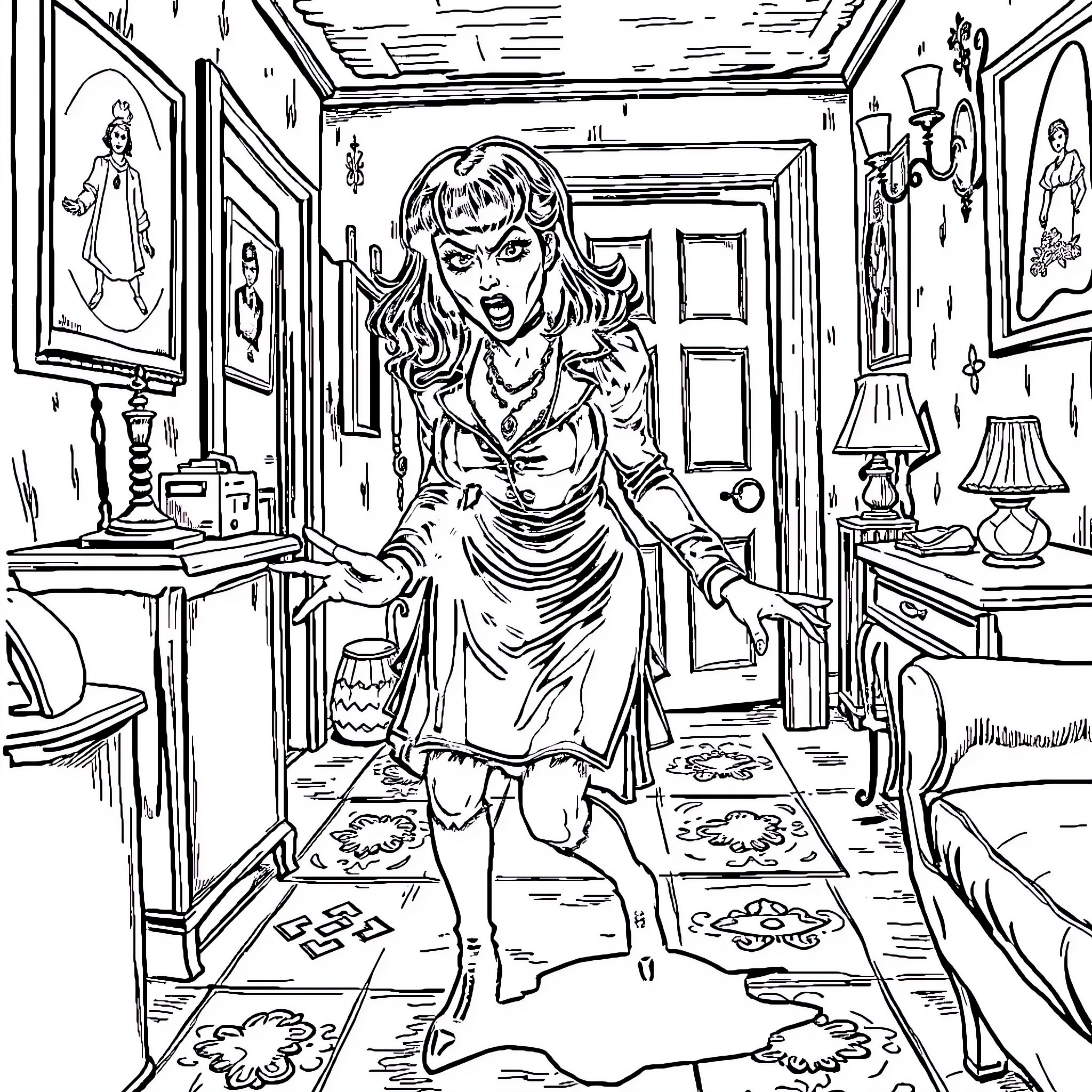 Wife's Distress in a Haunted Mansion Coloring Page (free black-and-white line drawing printable PDF for all, from beginners to advanced learners, including children, teens, adults, and seniors)