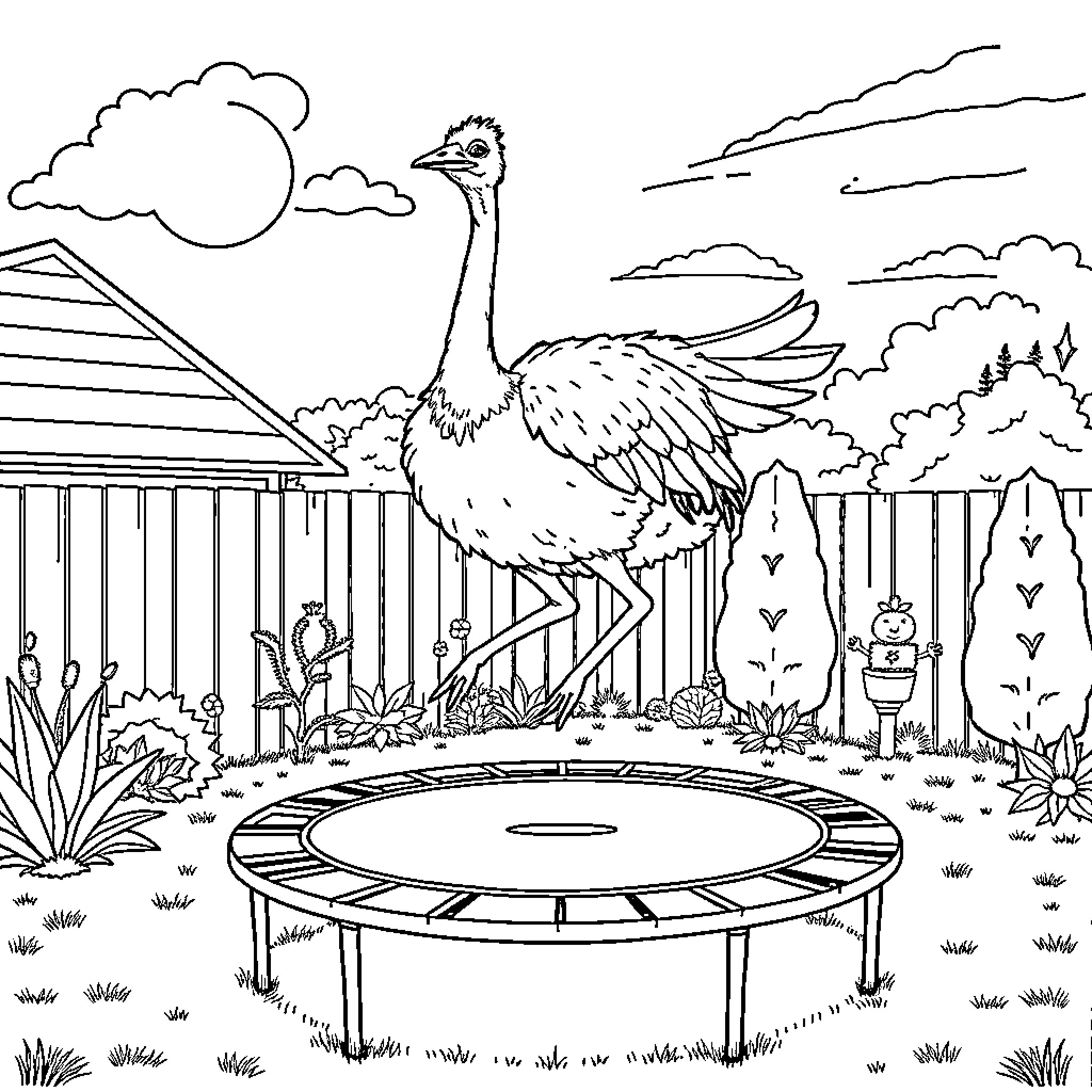 Ostrich exploring a backyard with trampoline Coloring Page (free black-and-white line drawing printable PDF for all, from beginners to advanced learners, including children, teens, adults, and seniors)