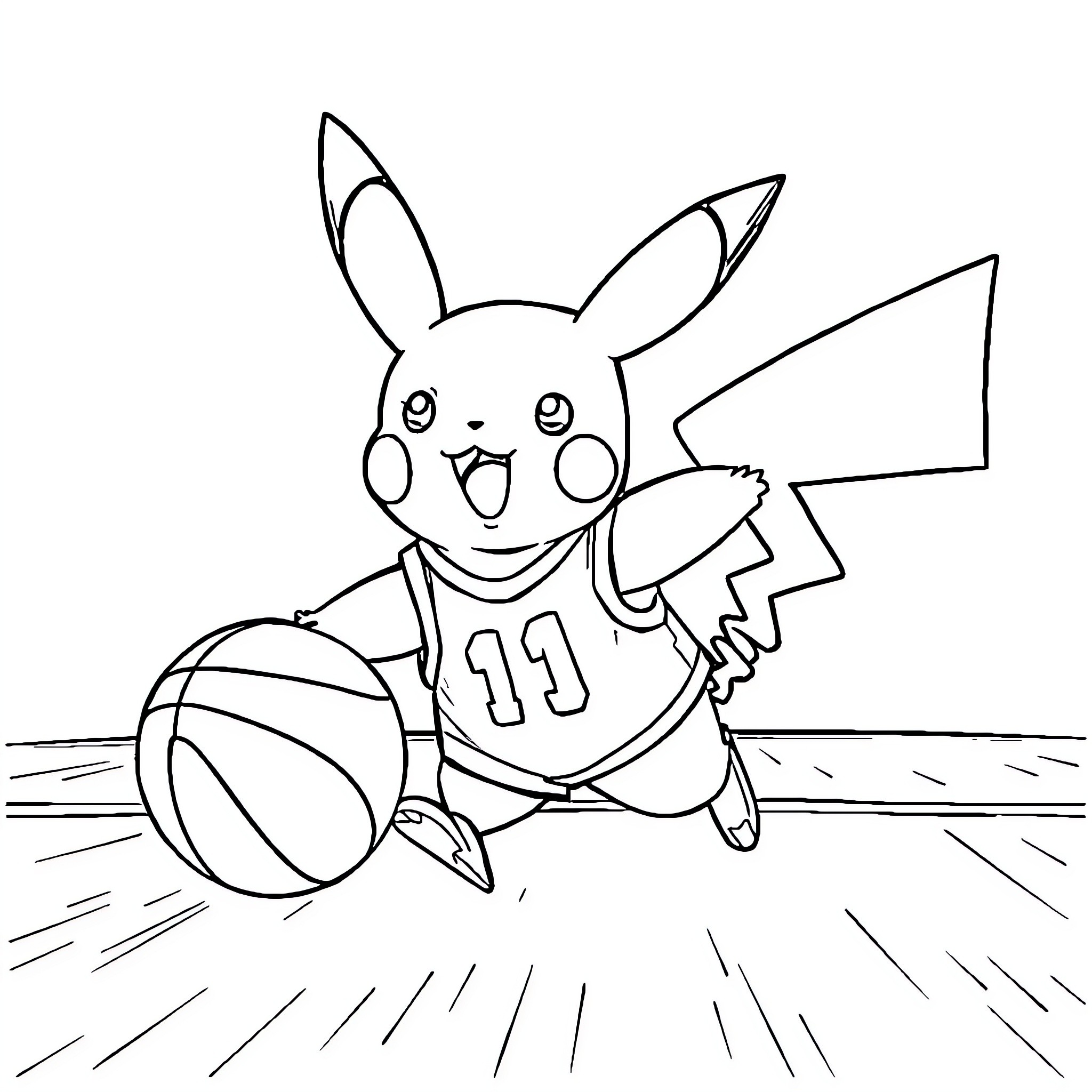 Pikachu playing basketball on the court Coloring Page (free black-and-white line drawing printable PDF for all, from beginners to advanced learners, including children, teens, adults, and seniors)