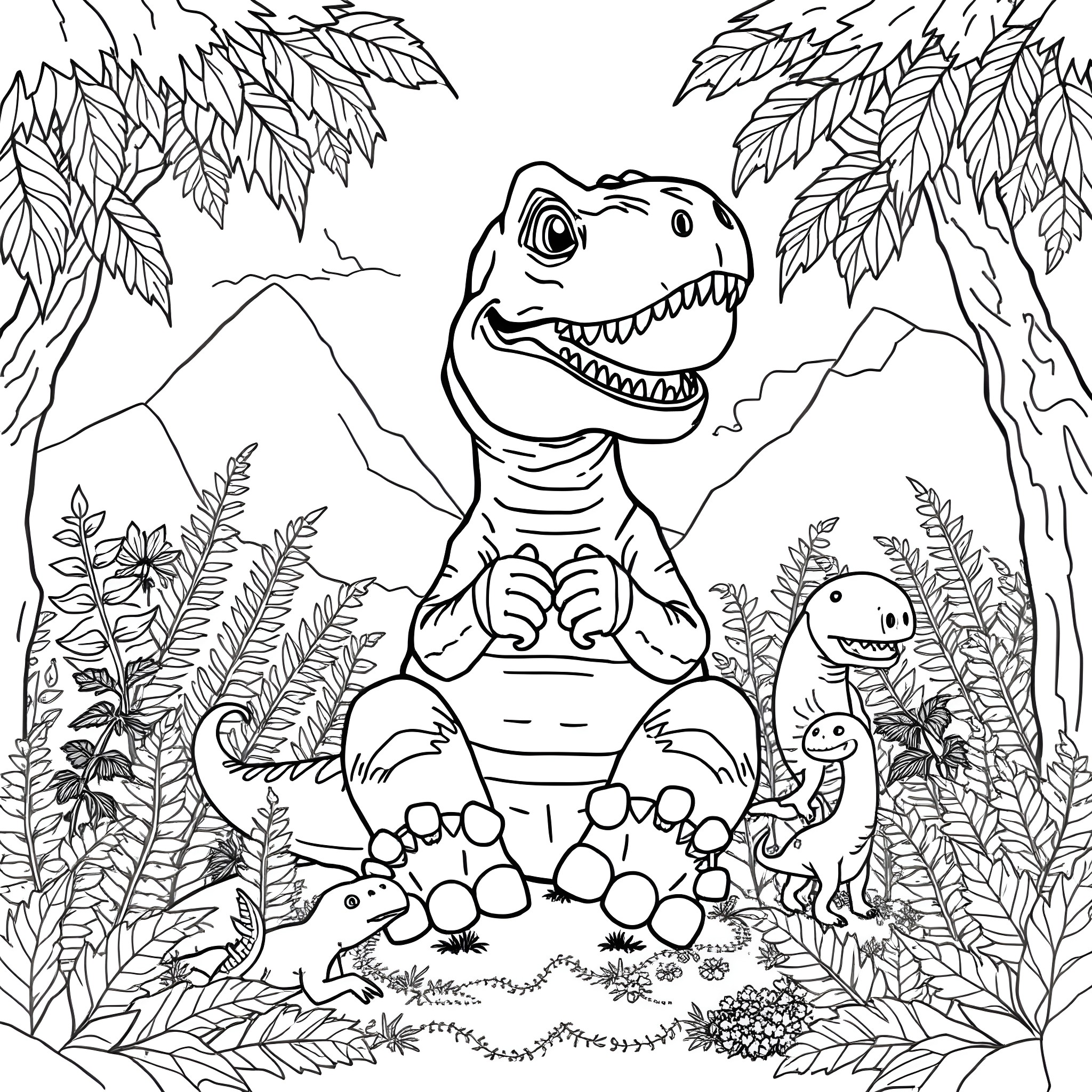 T-Rex Dinosaur in Jurassic Forest Landscape Coloring Page (free black-and-white line drawing printable PDF for all, from beginners to advanced learners, including children, teens, adults, and seniors)