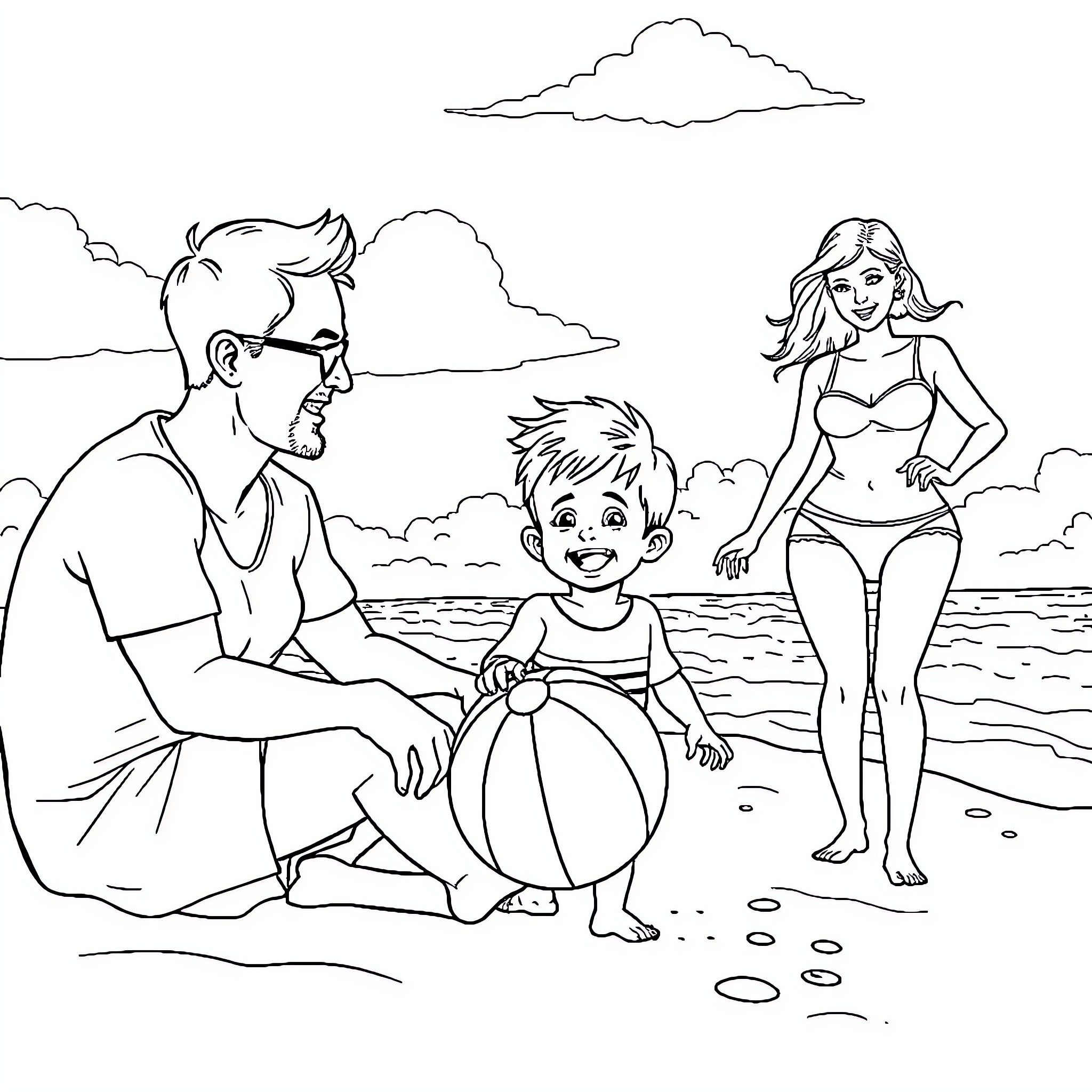 Boy playing with family on the beach Coloring Page (free black-and-white line drawing printable PDF for all, from beginners to advanced learners, including children, teens, adults, and seniors)