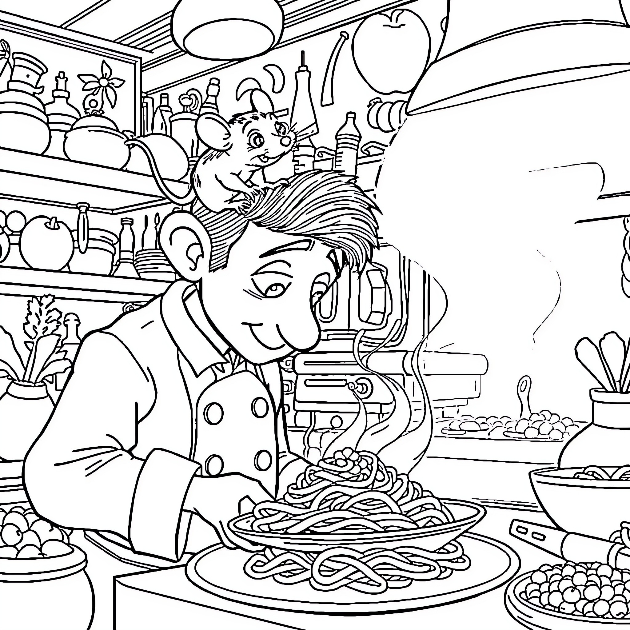 Mouse chef preparing a delicious dish in the kitchen Coloring Page (free black-and-white line drawing printable PDF for all, from beginners to advanced learners, including children, teens, adults, and seniors)