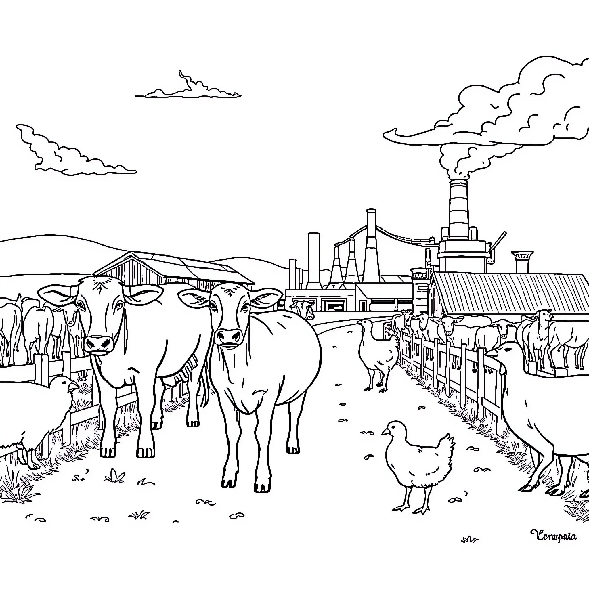 Animal Industry Livestock in Factory Farm Environment Coloring Page (free black-and-white line drawing printable PDF for all, from beginners to advanced learners, including children, teens, adults, and seniors)