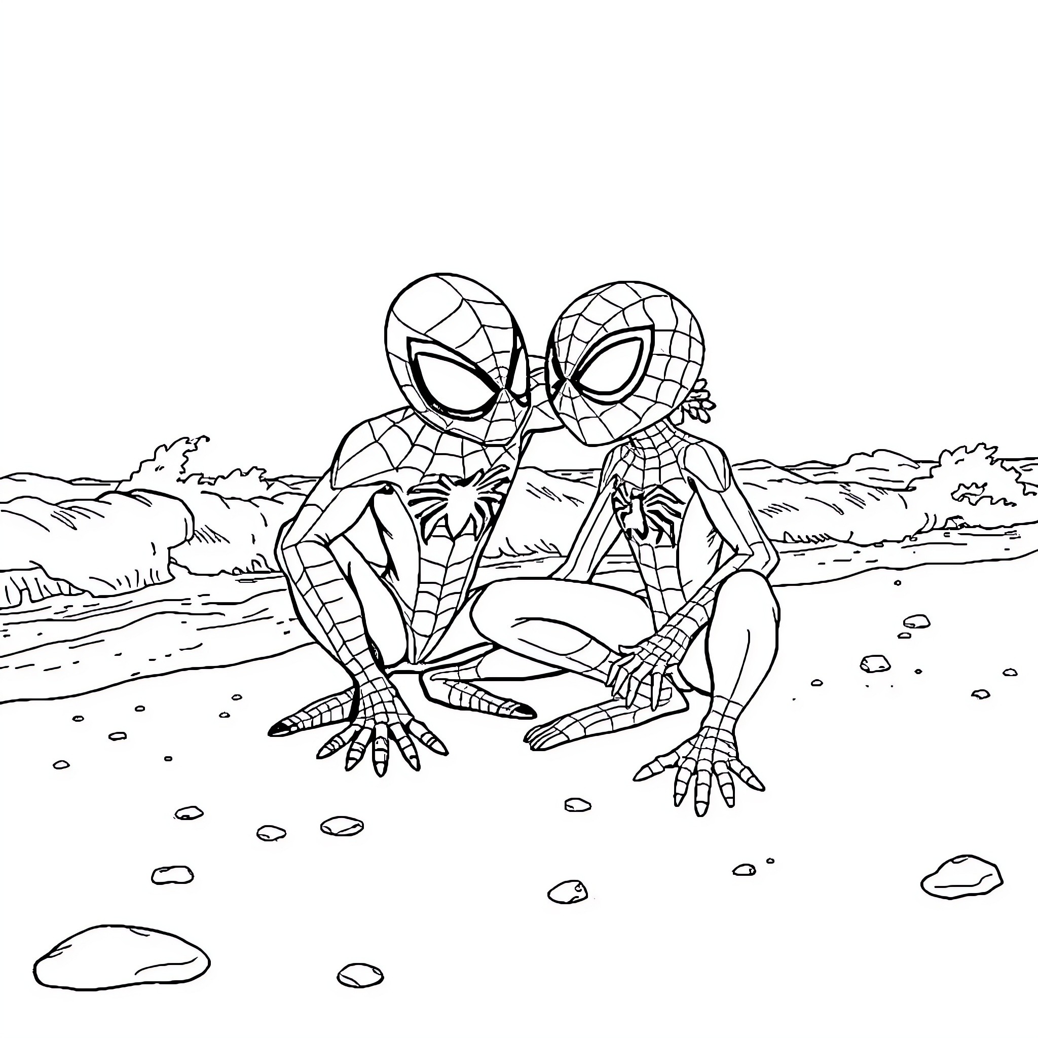 Spidey Superheroes in Action on Scenic Landscape Coloring Page (free black-and-white line drawing printable PDF for all, from beginners to advanced learners, including children, teens, adults, and seniors)