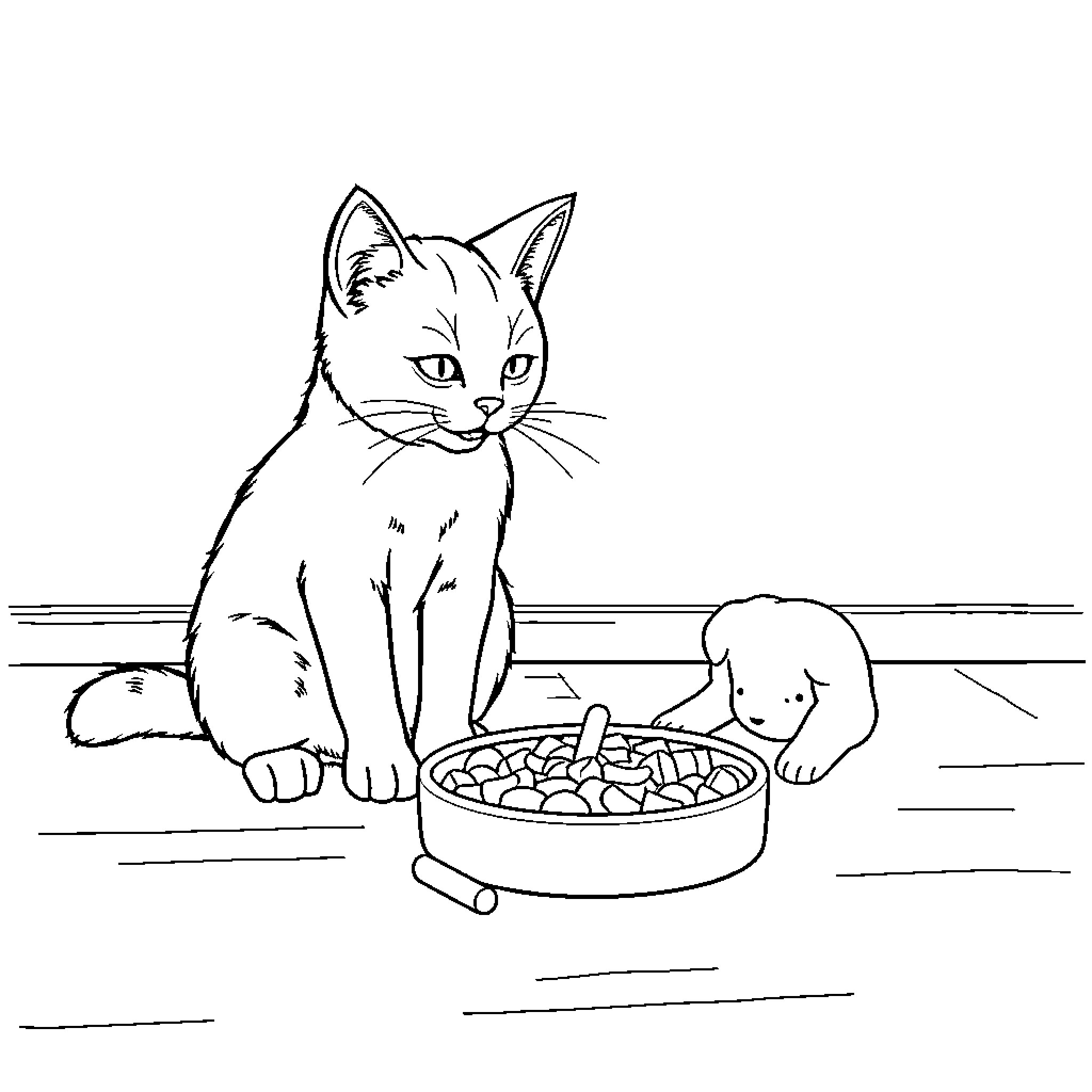 Cat observing puppy's food bowl Coloring Page (free black-and-white line drawing printable PDF for all, from beginners to advanced learners, including children, teens, adults, and seniors)