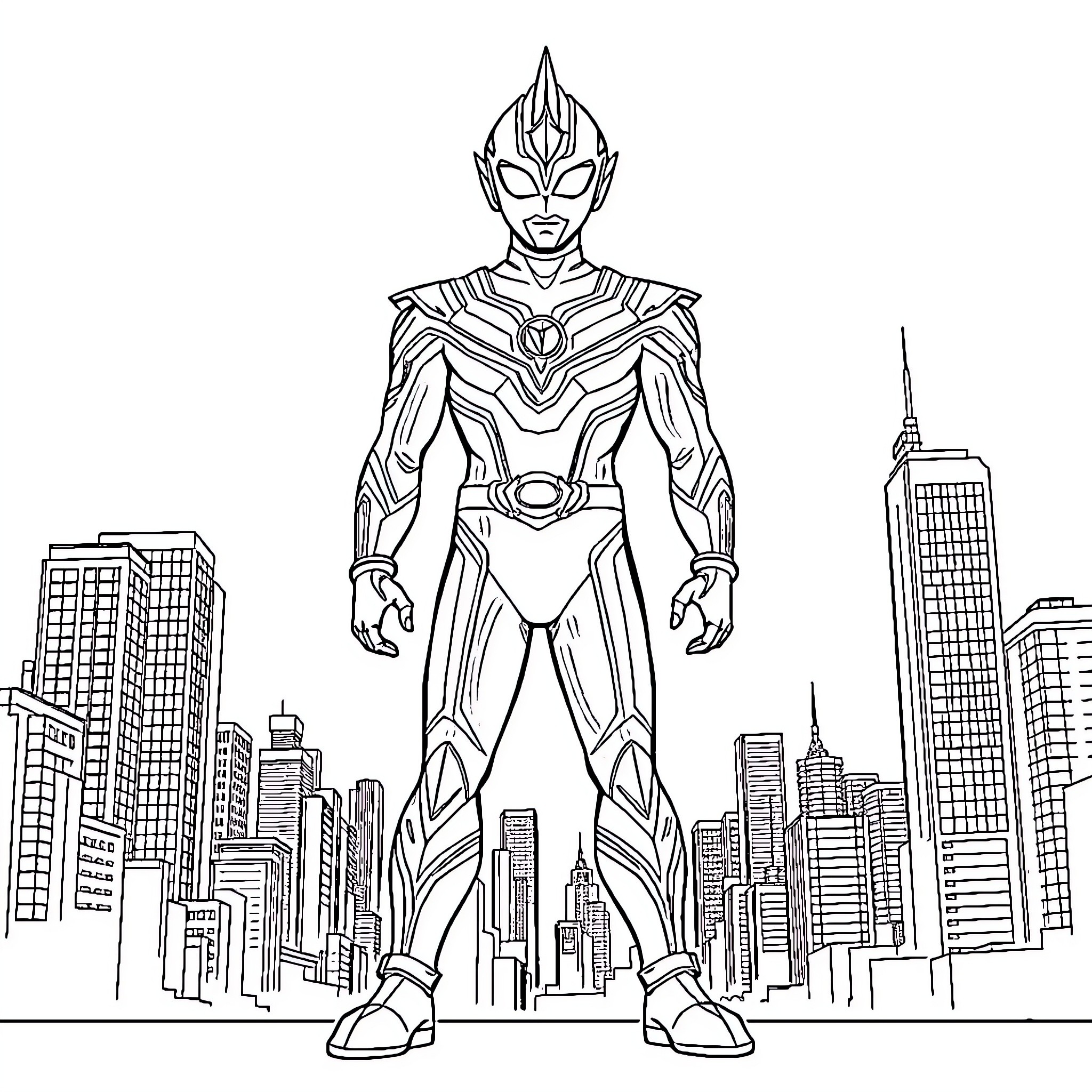 Ultraman heroically stands before a cityscape Coloring Page (free black-and-white line drawing printable PDF for all, from beginners to advanced learners, including children, teens, adults, and seniors)