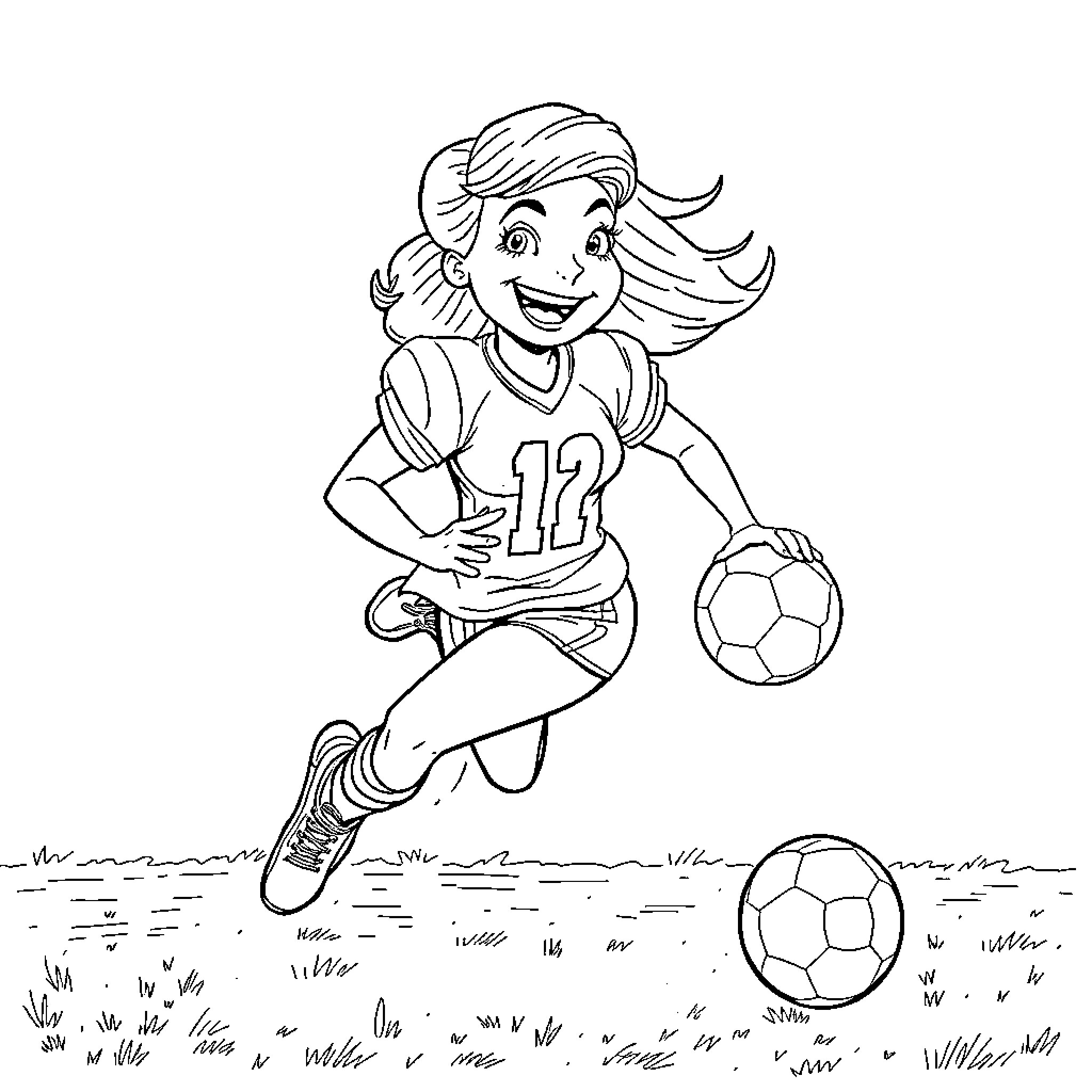 Lisa Ann playing soccer joyfully on the field Coloring Page (free black-and-white line drawing printable PDF for all, from beginners to advanced learners, including children, teens, adults, and seniors)