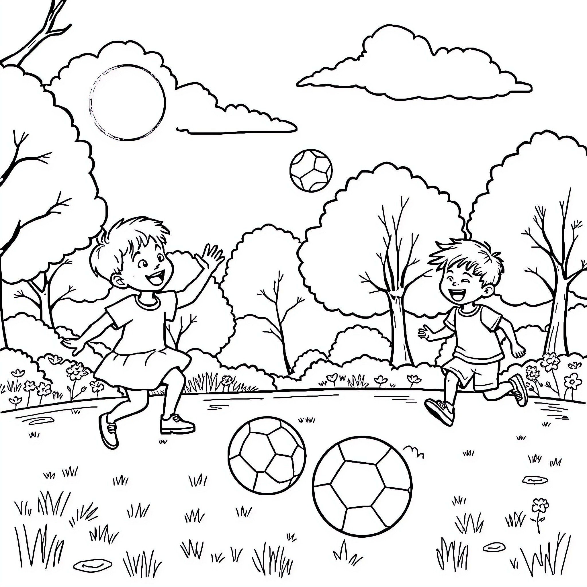 Children playing with soccer balls in a nature scene Coloring Page (free black-and-white line drawing printable PDF for all, from beginners to advanced learners, including children, teens, adults, and seniors)