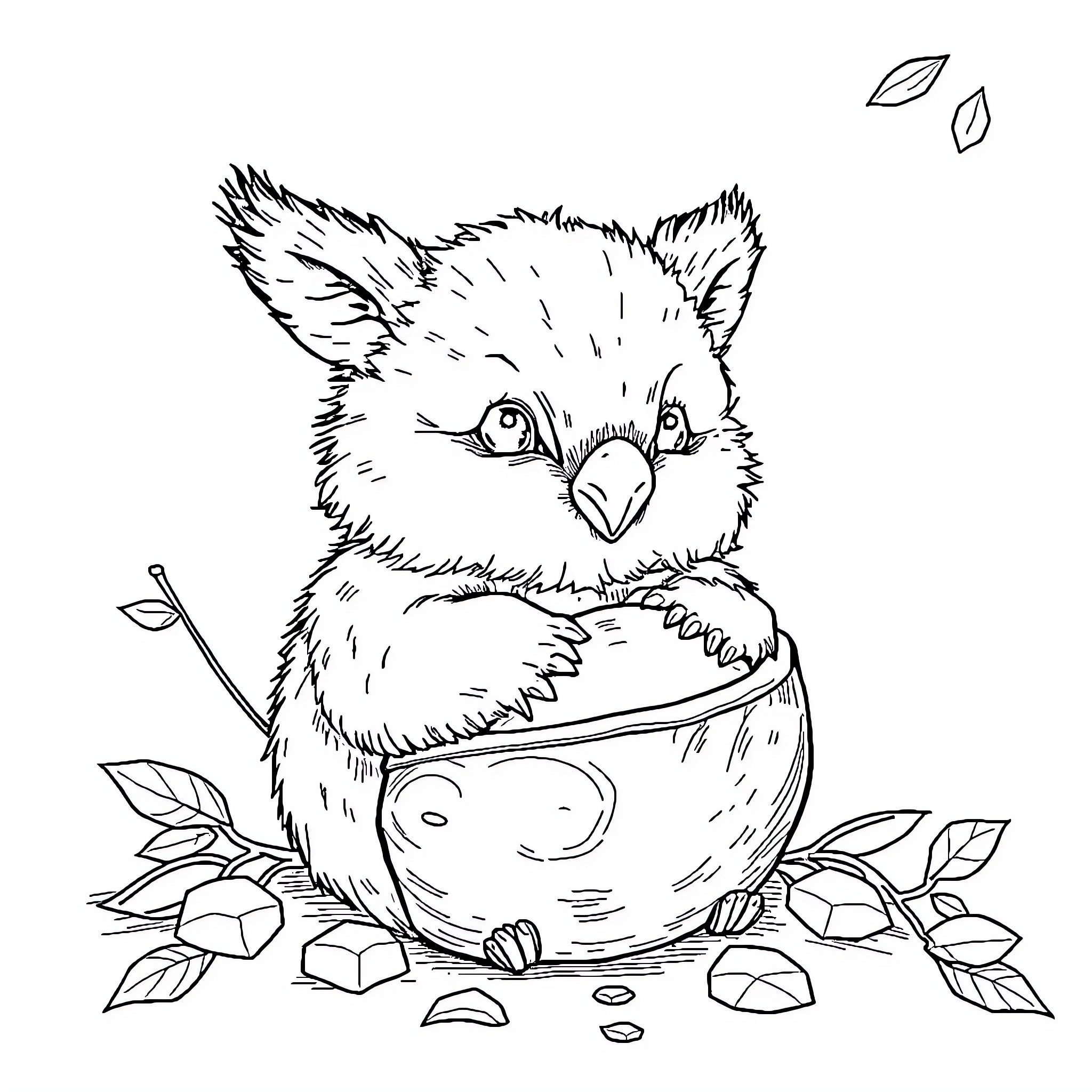 Stock Cute Raccoon Playing with Leaves Coloring Page (free black-and-white line drawing printable PDF for all, from beginners to advanced learners, including children, teens, adults, and seniors)