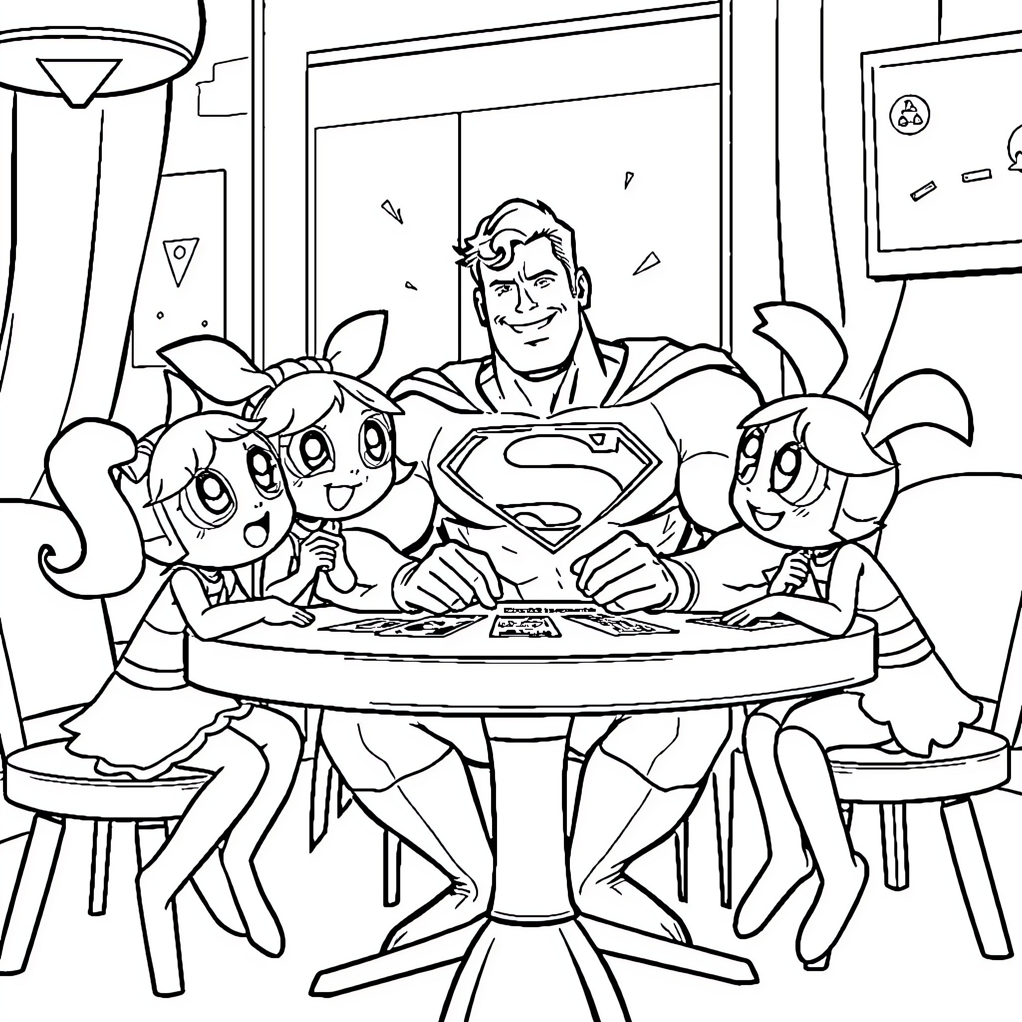 Superman enjoying a meal with animated characters Coloring Page (free black-and-white line drawing printable PDF for all, from beginners to advanced learners, including children, teens, adults, and seniors)