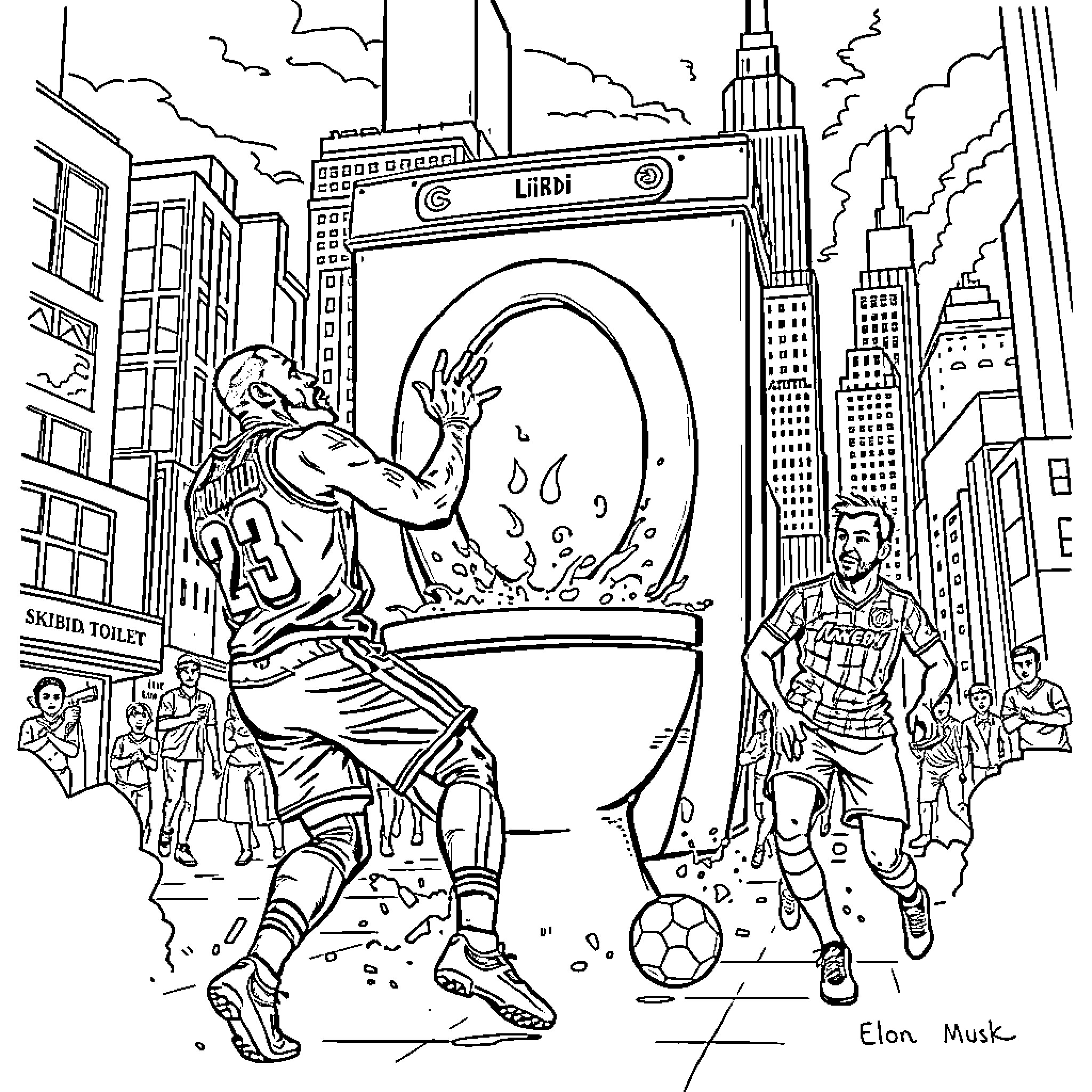 LeBron James and Elon Musk playing soccer in a vibrant cityscape Coloring Page (free black-and-white line drawing printable PDF for all, from beginners to advanced learners, including children, teens, adults, and seniors)