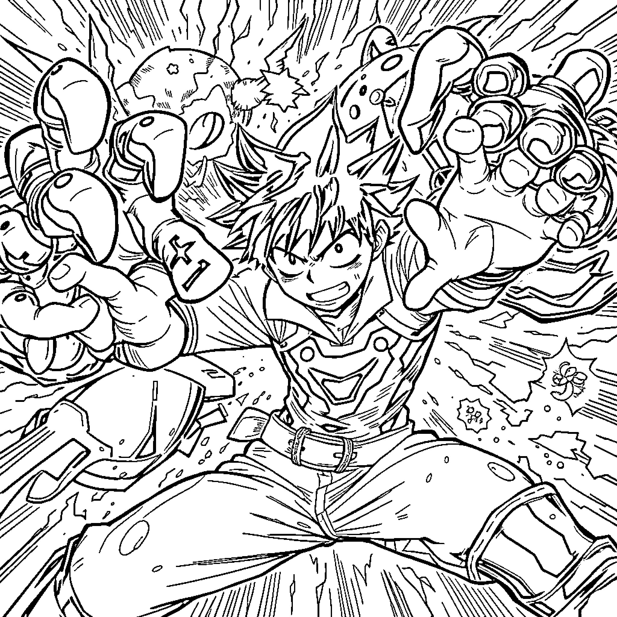 Deku's Explosive Encounter with Powerful Foes Coloring Page (free black-and-white line drawing printable PDF for all, from beginners to advanced learners, including children, teens, adults, and seniors)