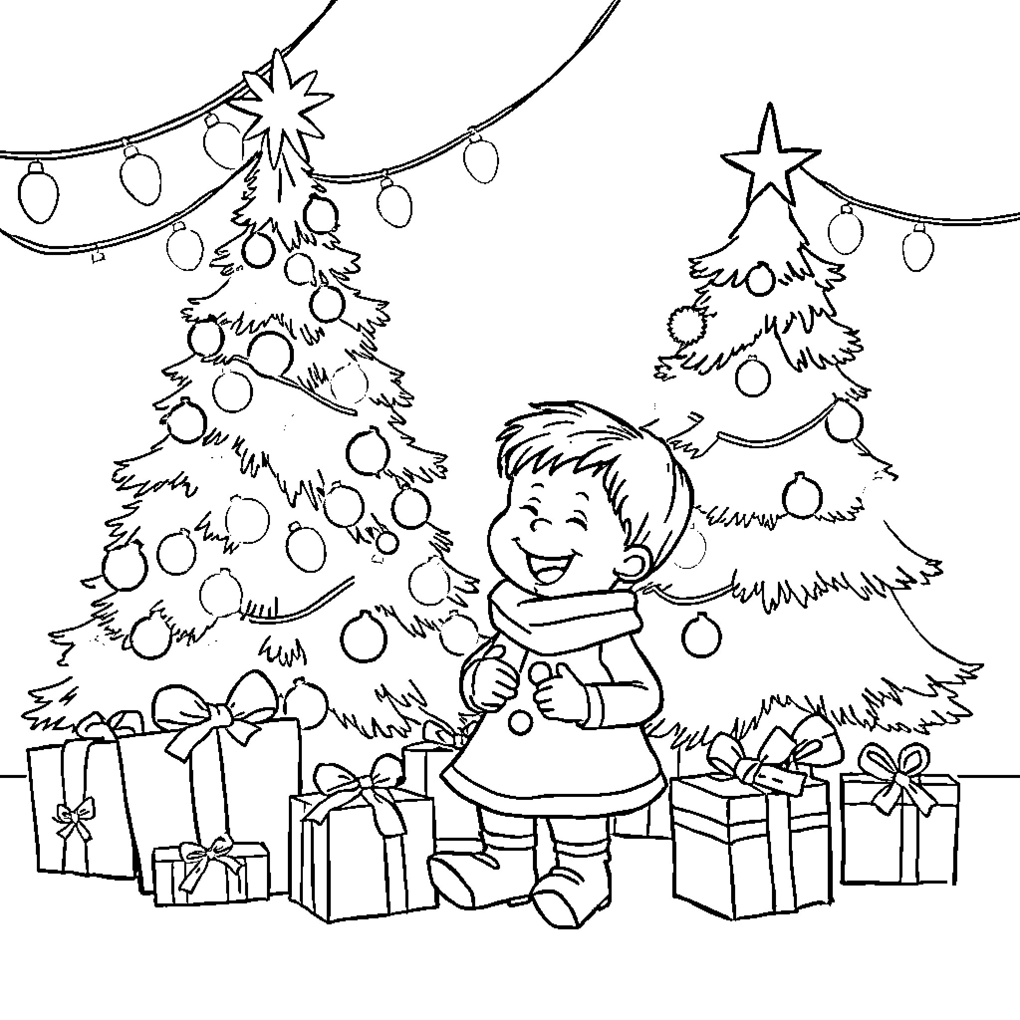 Christmas joy with decorated trees and gifts Coloring Page (free black-and-white line drawing printable PDF for all, from beginners to advanced learners, including children, teens, adults, and seniors)