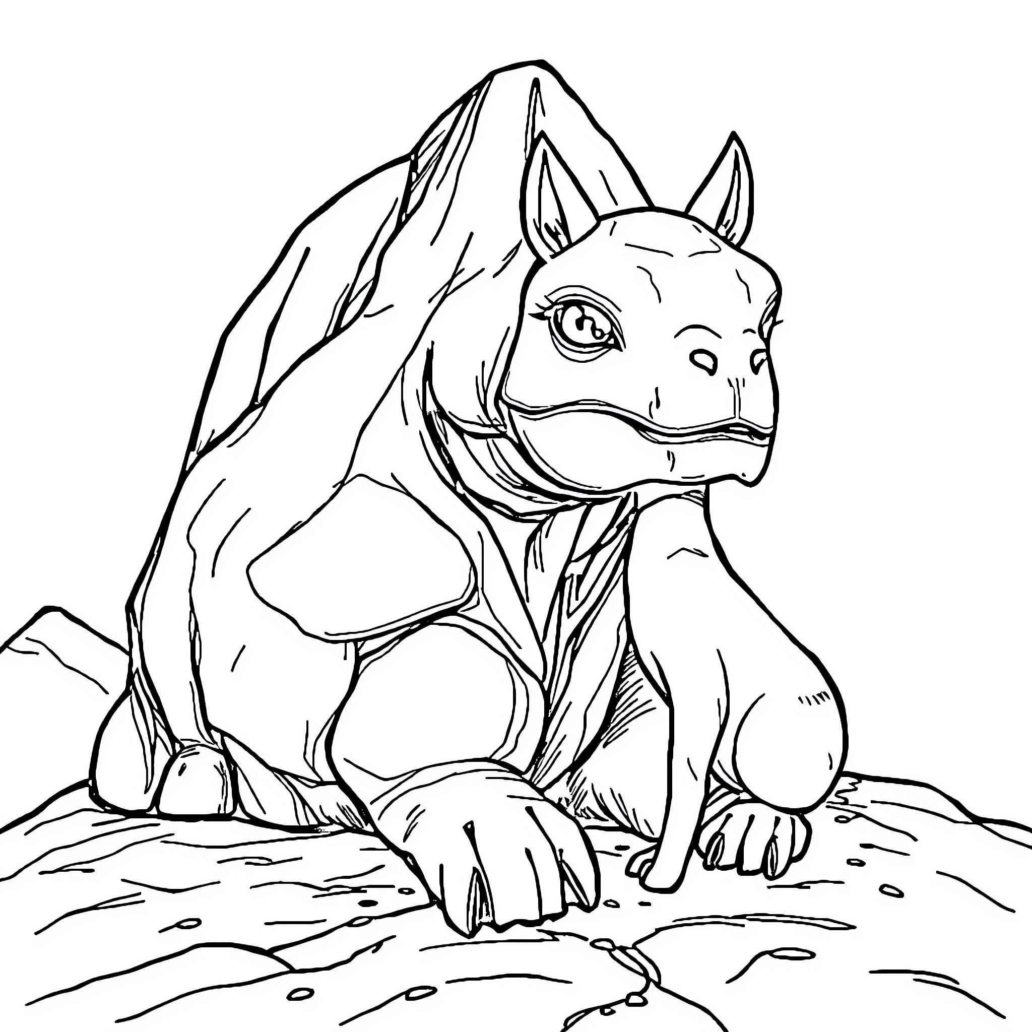 Rock Creature with Unique Anatomy in Rugged Terrain Coloring Page (free black-and-white line drawing printable PDF for all, from beginners to advanced learners, including children, teens, adults, and seniors)