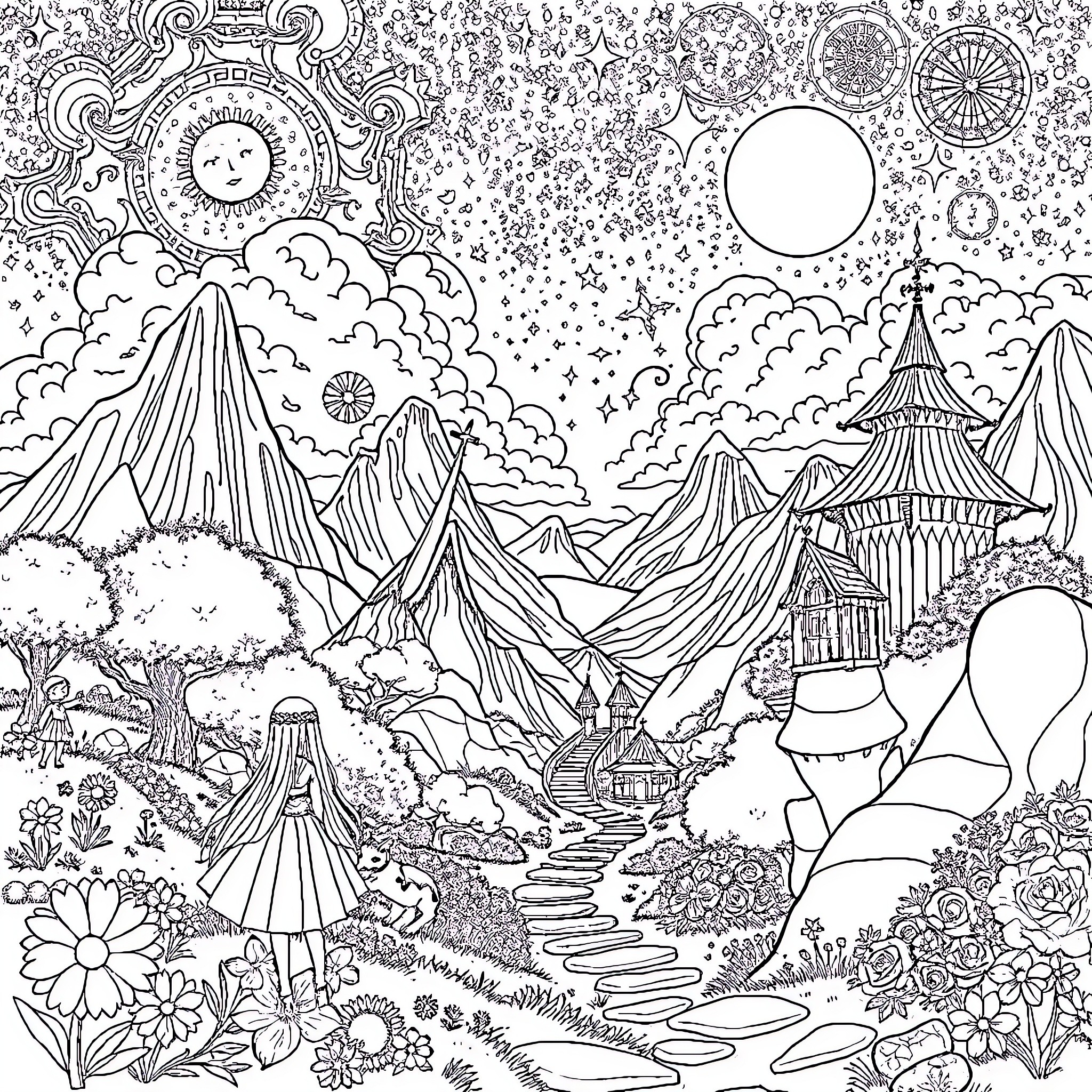 Anime Fantasy Landscape with Whimsical Scenery Coloring Page (free black-and-white line drawing printable PDF for all, from beginners to advanced learners, including children, teens, adults, and seniors)