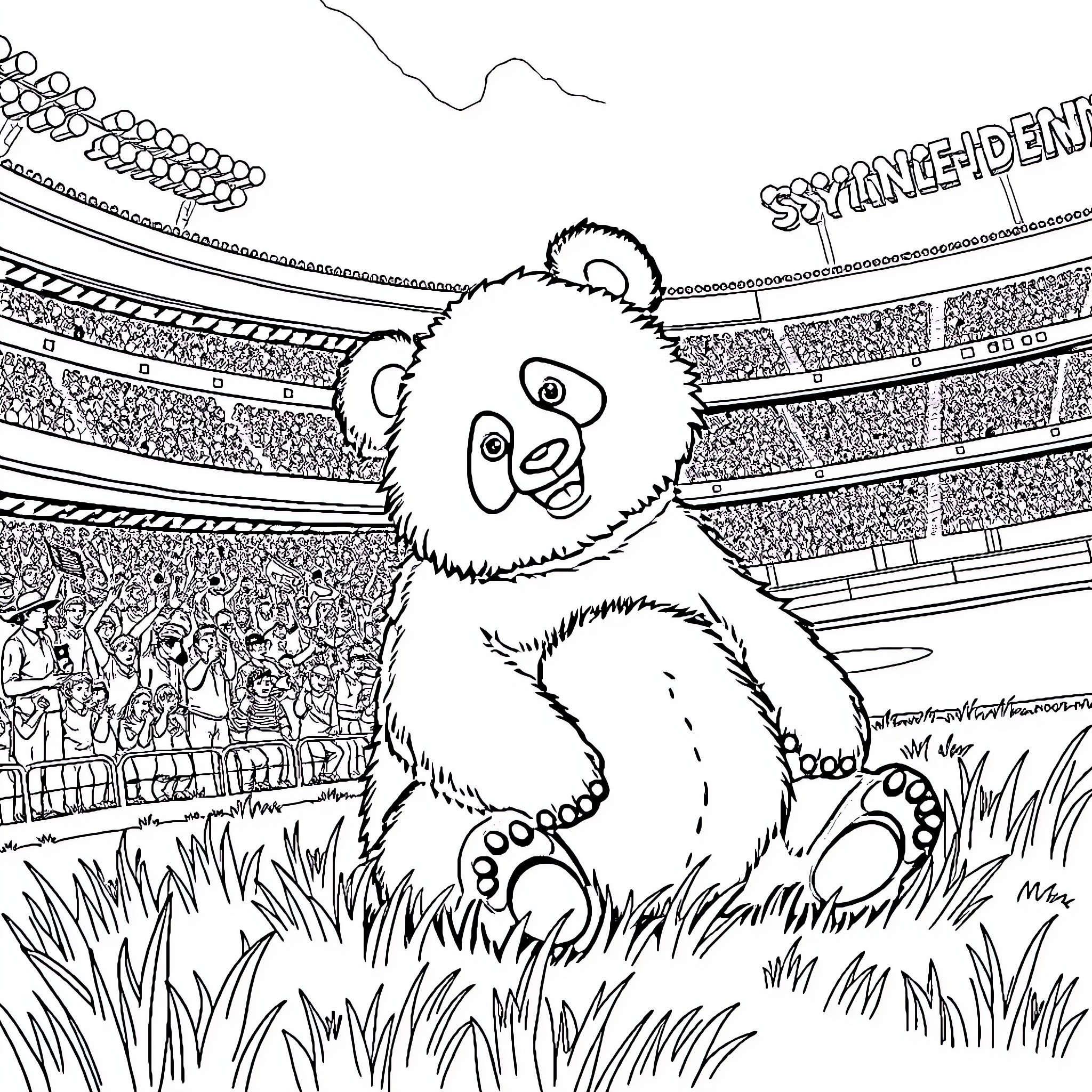 Panda enjoying the stadium atmosphere Coloring Page (free black-and-white line drawing printable PDF for all, from beginners to advanced learners, including children, teens, adults, and seniors)