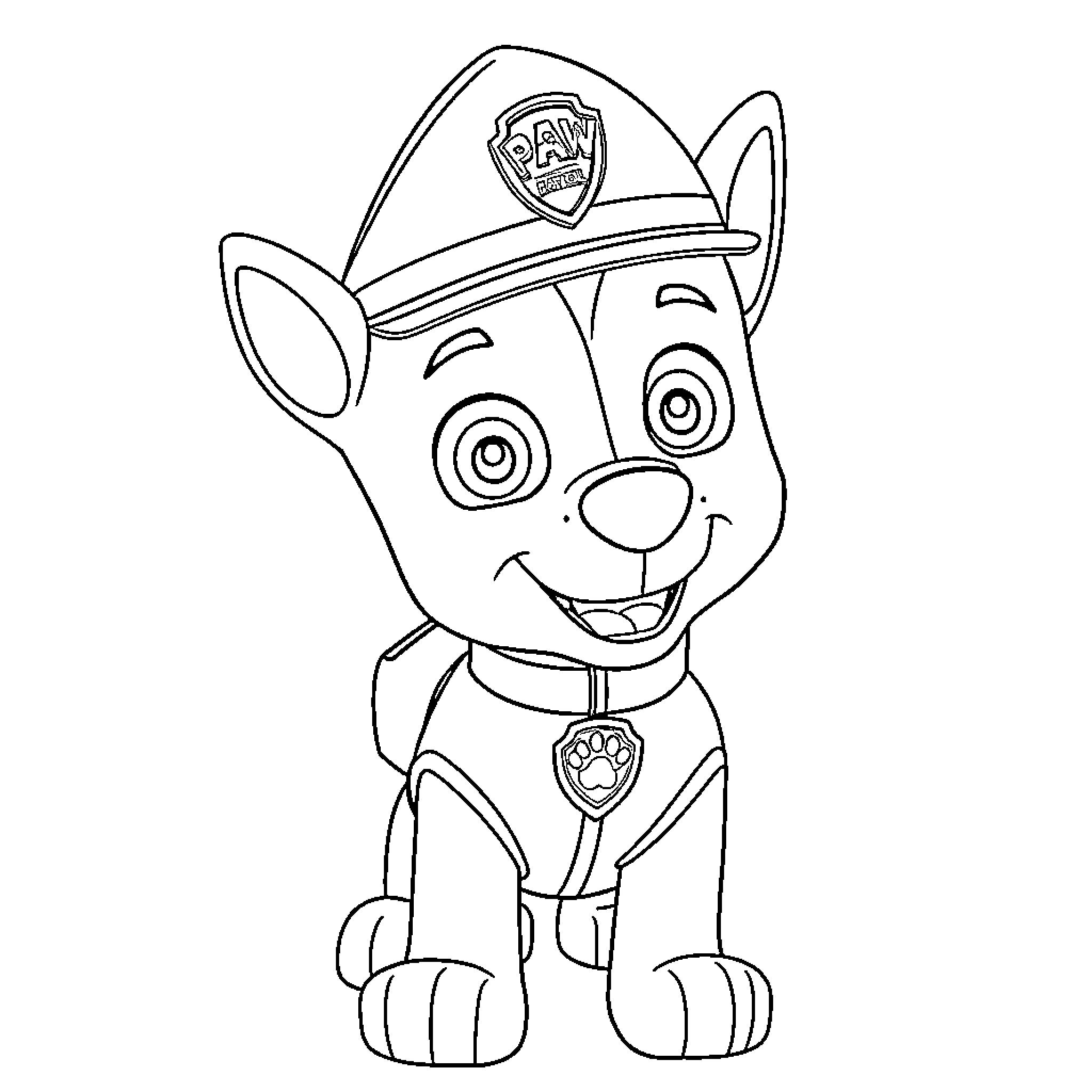 Ruben the Paw Patrol Puppy in Uniform Coloring Page (free black-and-white line drawing printable PDF for all, from beginners to advanced learners, including children, teens, adults, and seniors)