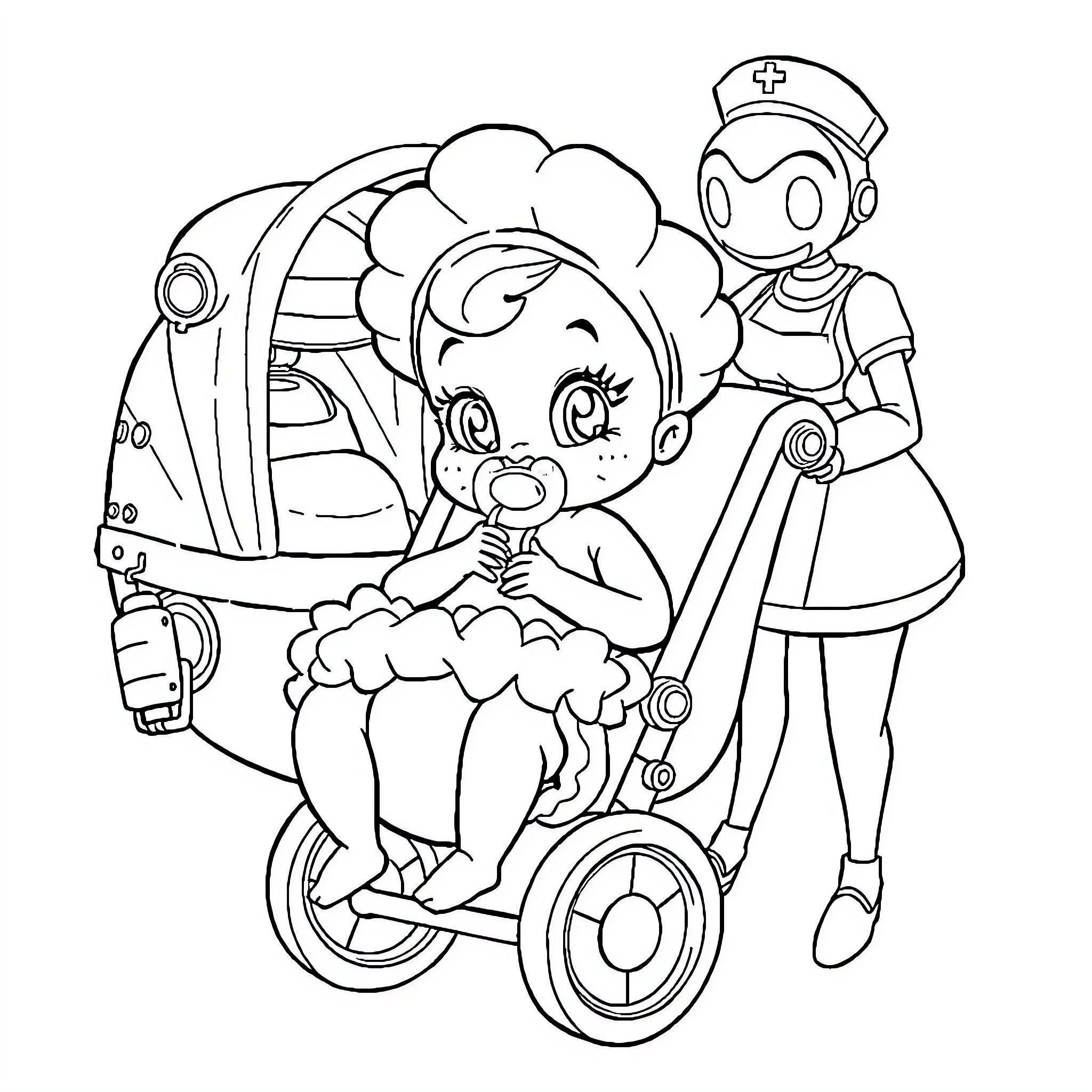 Loona's Playful Baby and Robot Companion Coloring Page (free black-and-white line drawing printable PDF for all, from beginners to advanced learners, including children, teens, adults, and seniors)
