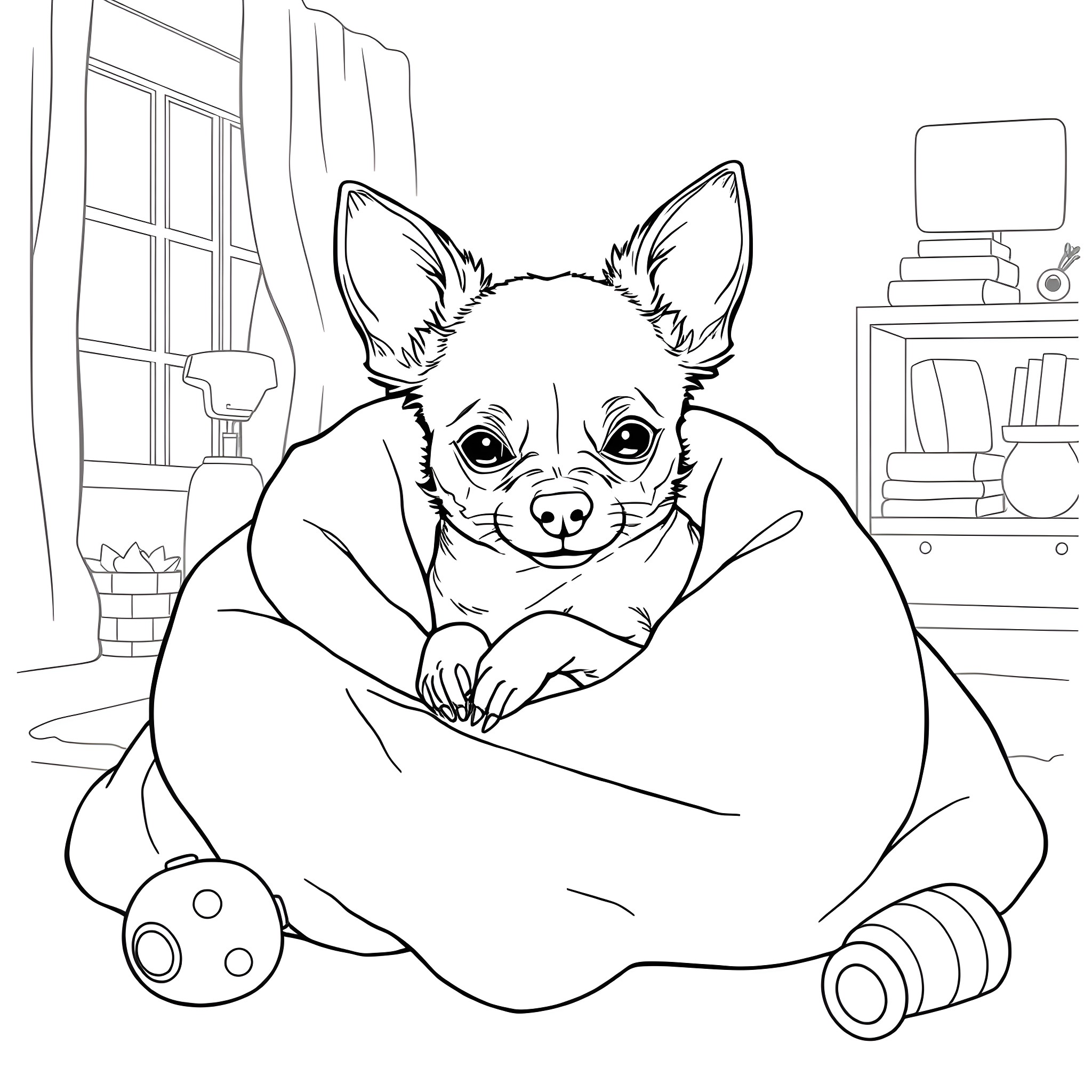 Chihuahua wrapped in a cozy blanket Coloring Page (free black-and-white line drawing printable PDF for all, from beginners to advanced learners, including children, teens, adults, and seniors)