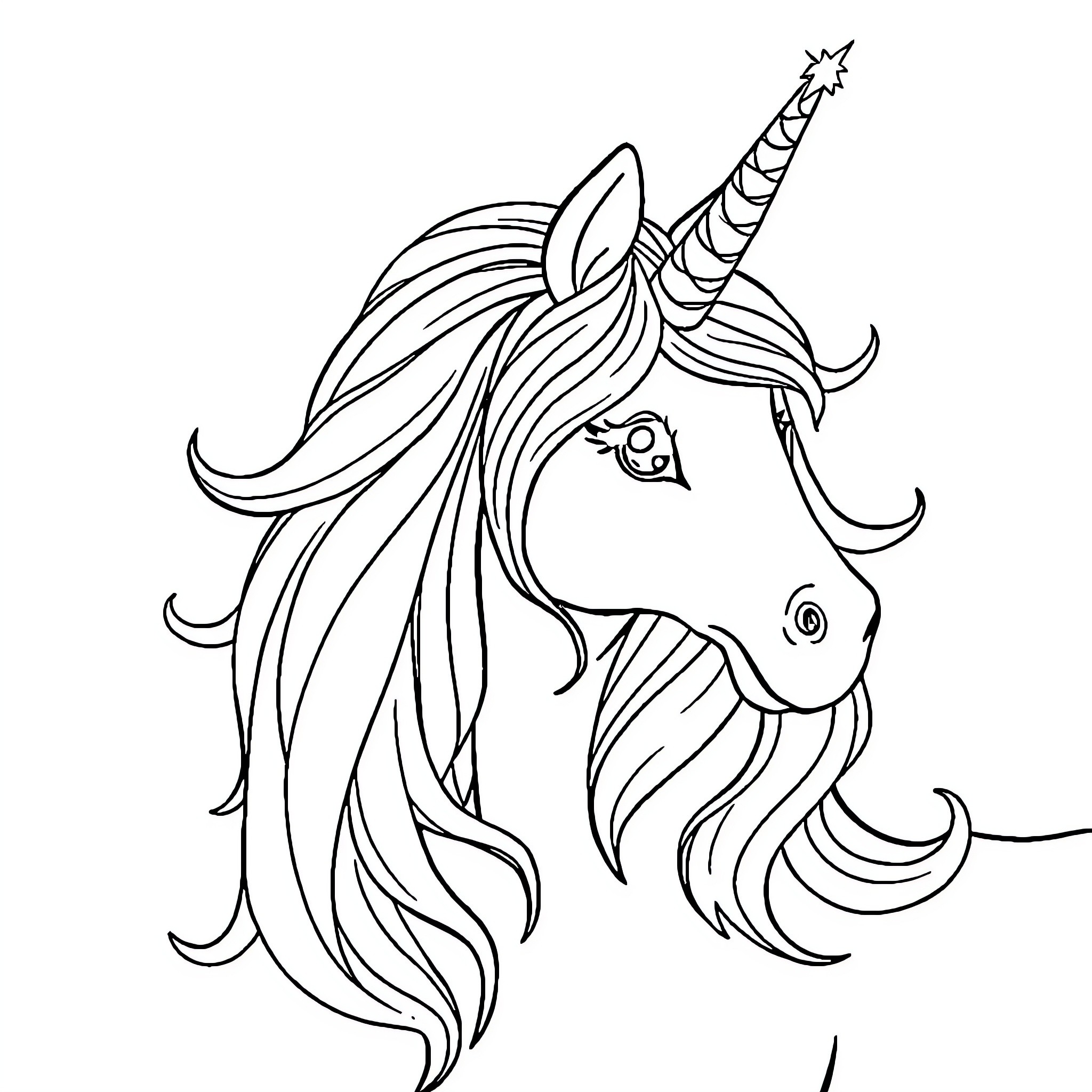 Unicorn with majestic flowing mane and horn Coloring Page (free black-and-white line drawing printable PDF for all, from beginners to advanced learners, including children, teens, adults, and seniors)