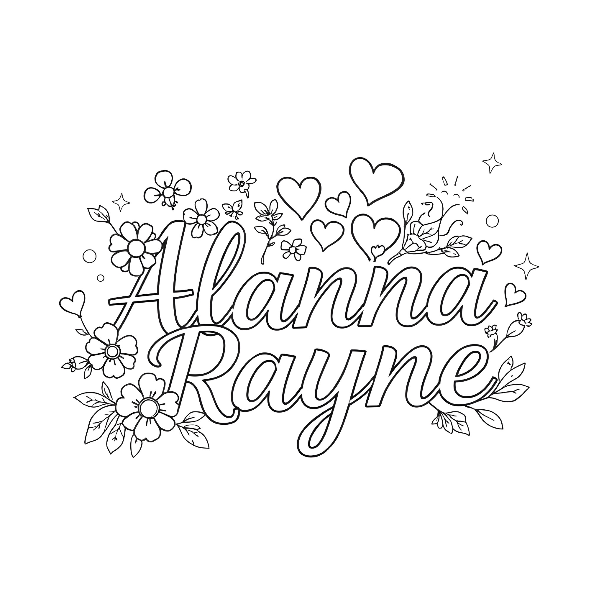 Font of Floral Hearts and Lettering Coloring Page (free black-and-white line drawing printable PDF for all, from beginners to advanced learners, including children, teens, adults, and seniors)