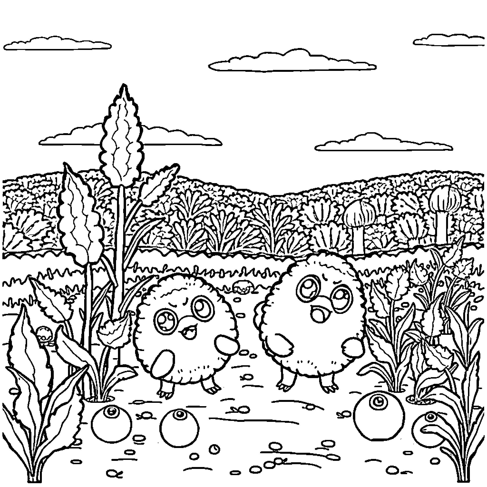Junimo characters standing together in a lush garden Coloring Page (free black-and-white line drawing printable PDF for all, from beginners to advanced learners, including children, teens, adults, and seniors)