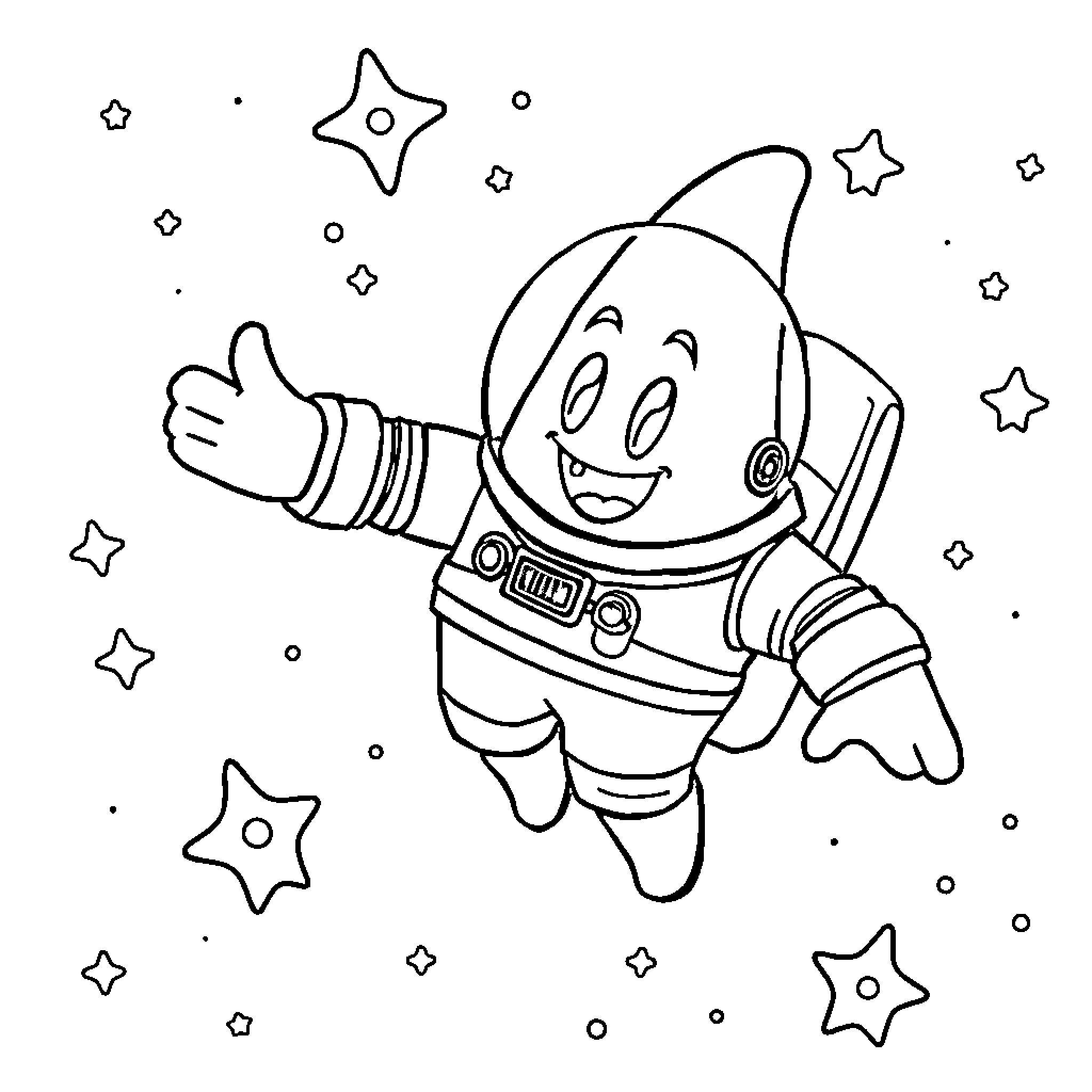 Patrick Star Astronaut Floating in Starry Space Coloring Page (free black-and-white line drawing printable PDF for all, from beginners to advanced learners, including children, teens, adults, and seniors)