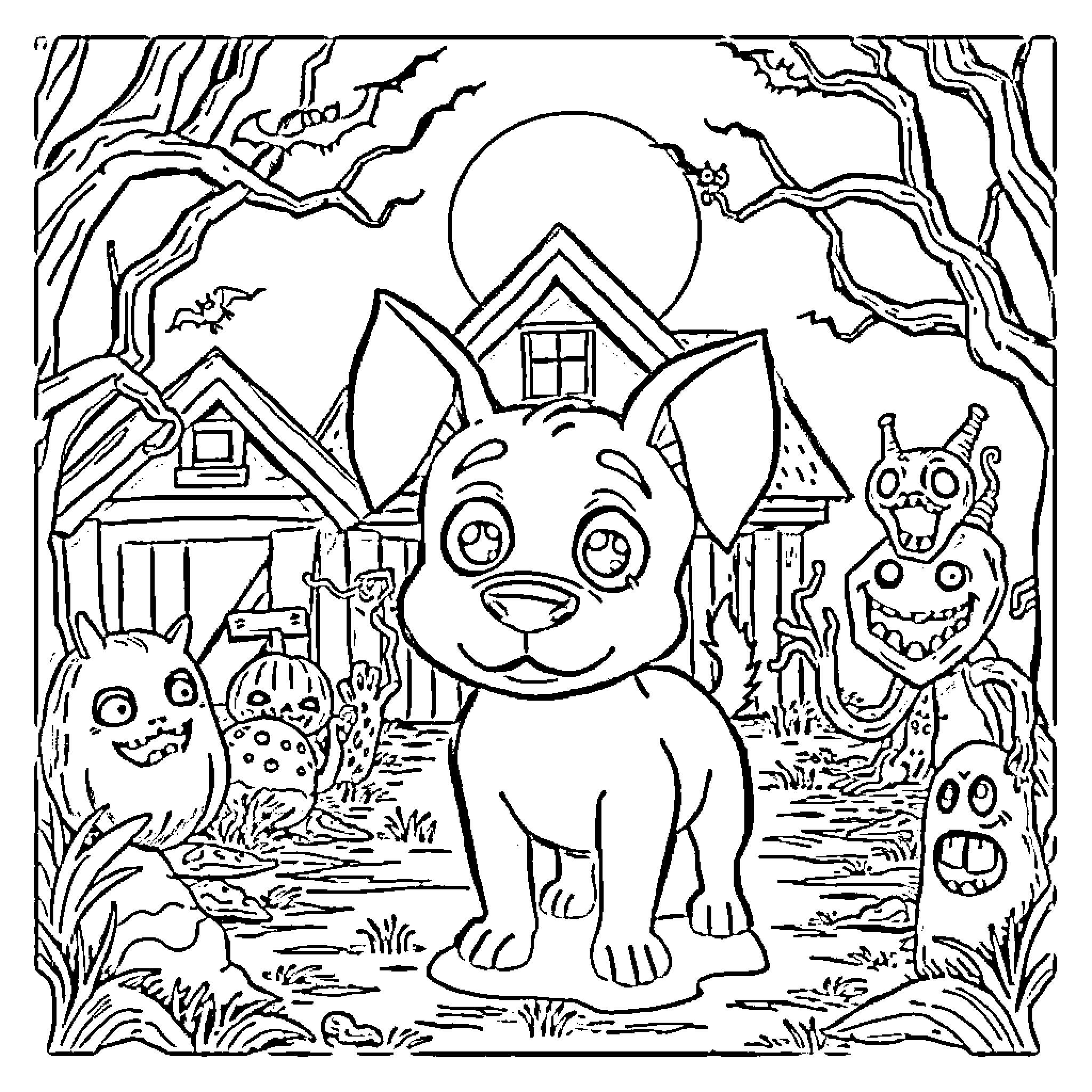 Courage in the Spooky Neighborhood Coloring Page (free black-and-white line drawing printable PDF for all, from beginners to advanced learners, including children, teens, adults, and seniors)