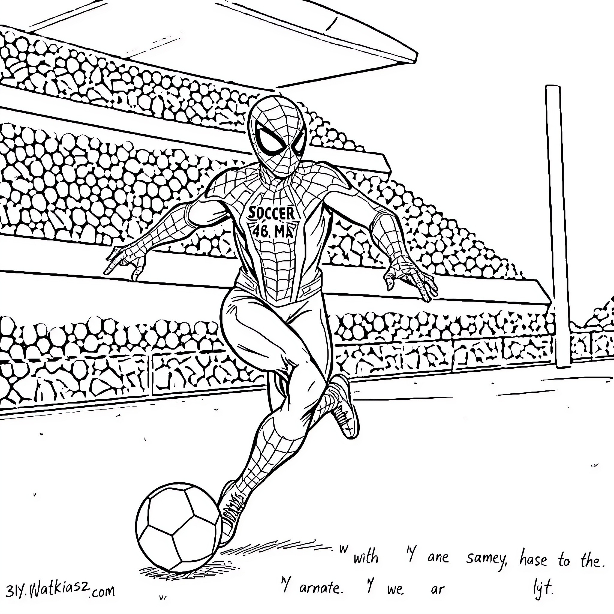Spider-Man playing soccer in the stadium Coloring Page (free black-and-white line drawing printable PDF for all, from beginners to advanced learners, including children, teens, adults, and seniors)