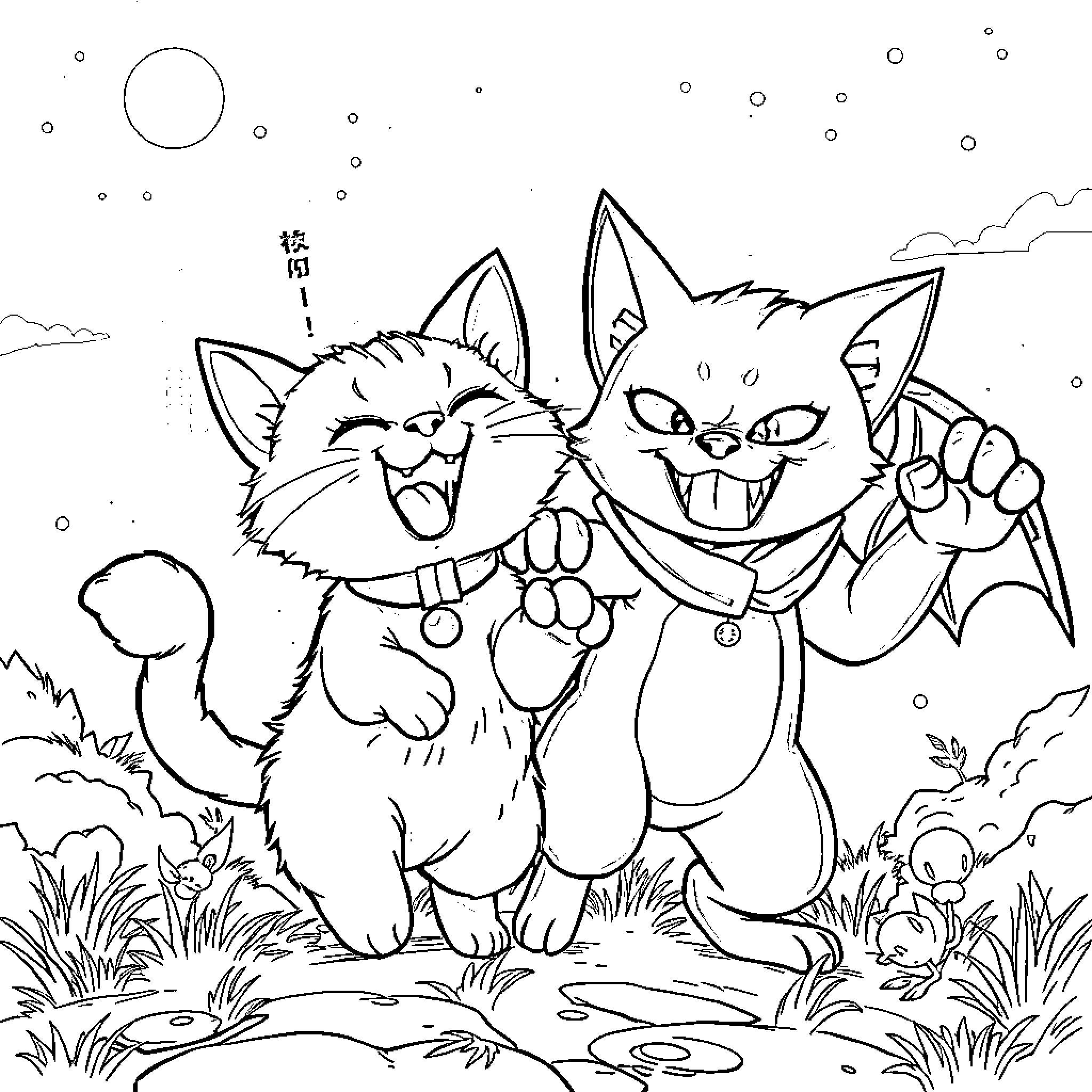 Chat between mischievous cats in the outdoors Coloring Page (free black-and-white line drawing printable PDF for all, from beginners to advanced learners, including children, teens, adults, and seniors)
