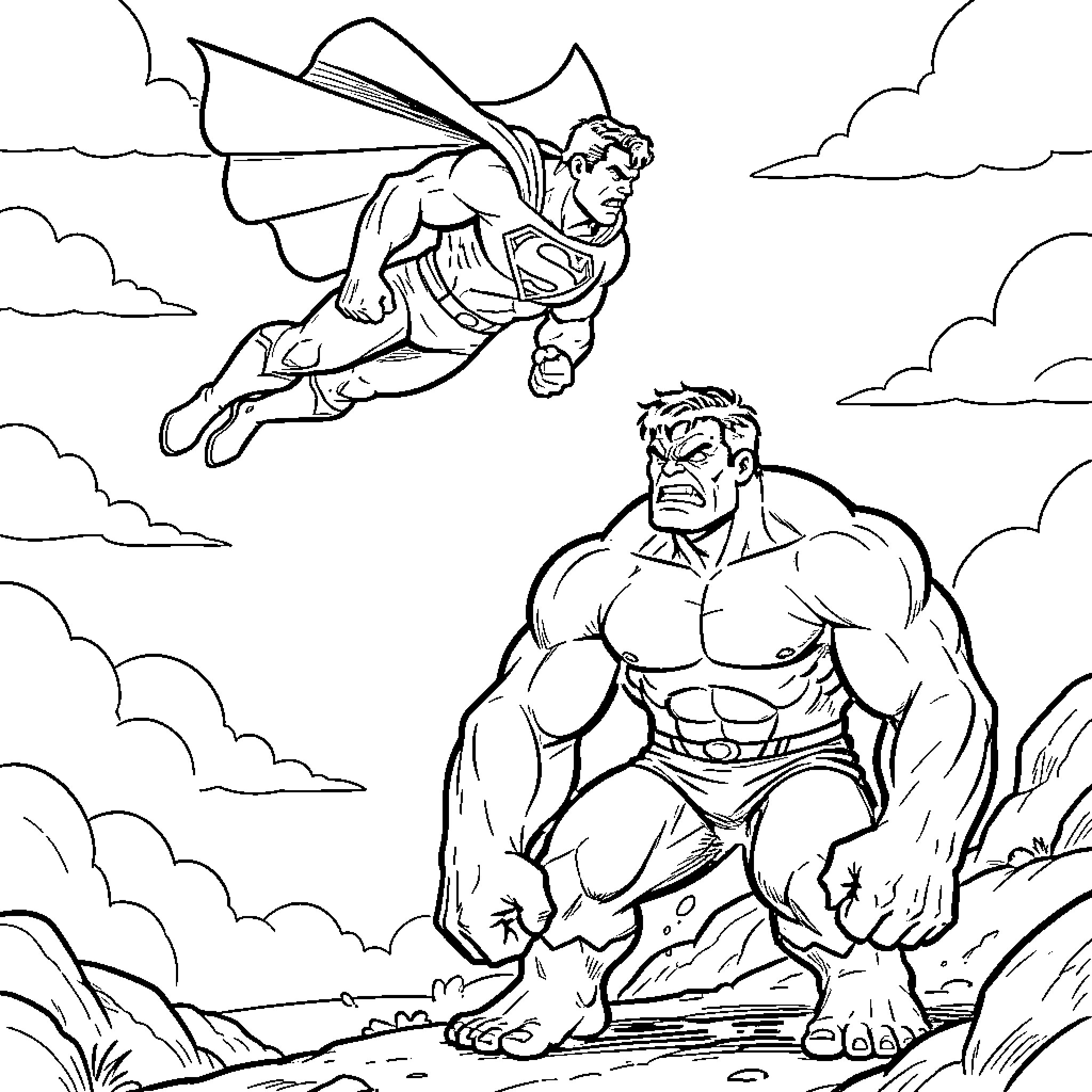 Superman soaring above a powerful foe Coloring Page (free black-and-white line drawing printable PDF for all, from beginners to advanced learners, including children, teens, adults, and seniors)